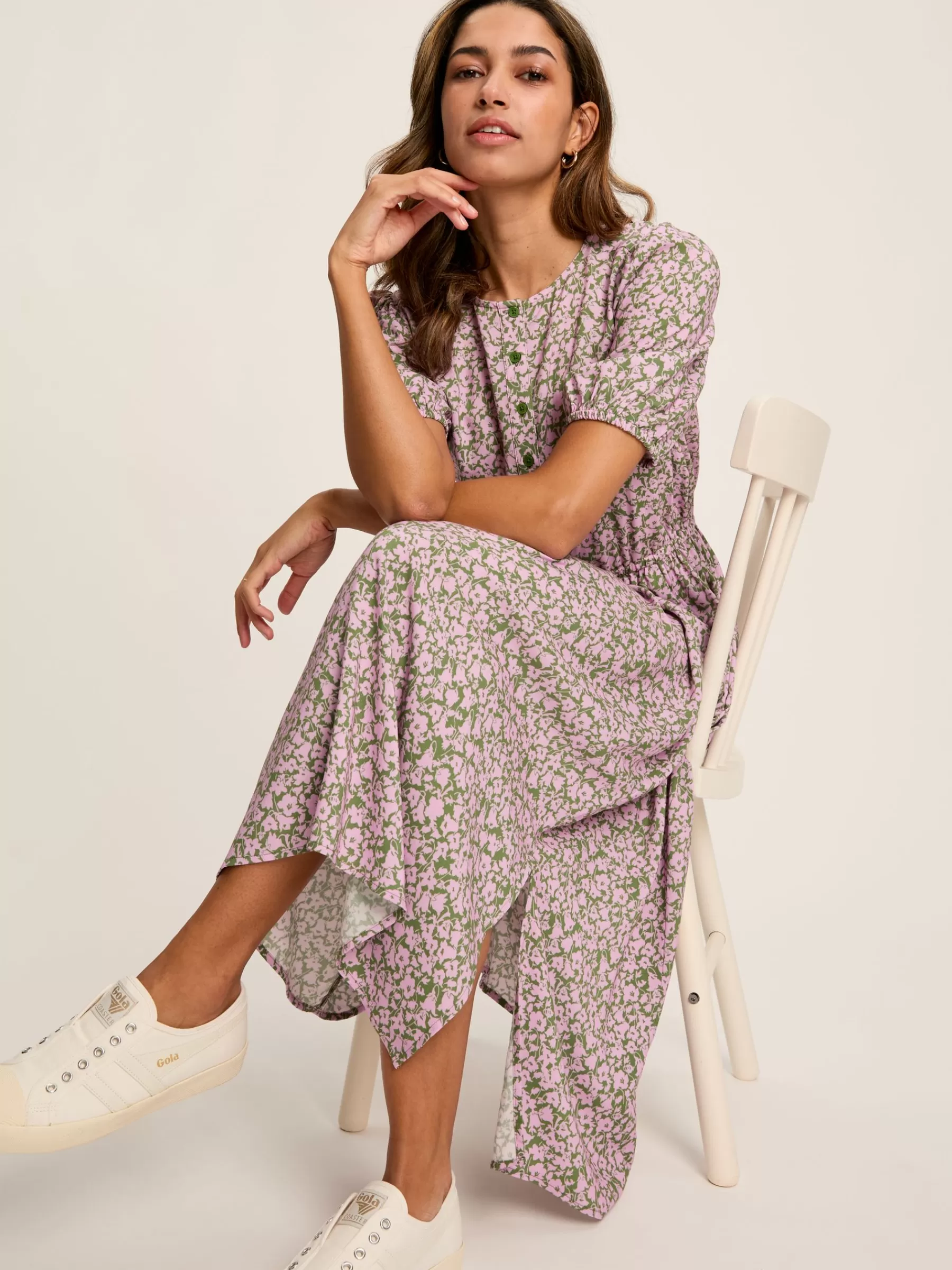 Joules Adele Green & Pink Floral Button Down Midi Dress with Slit Green&Pink Best