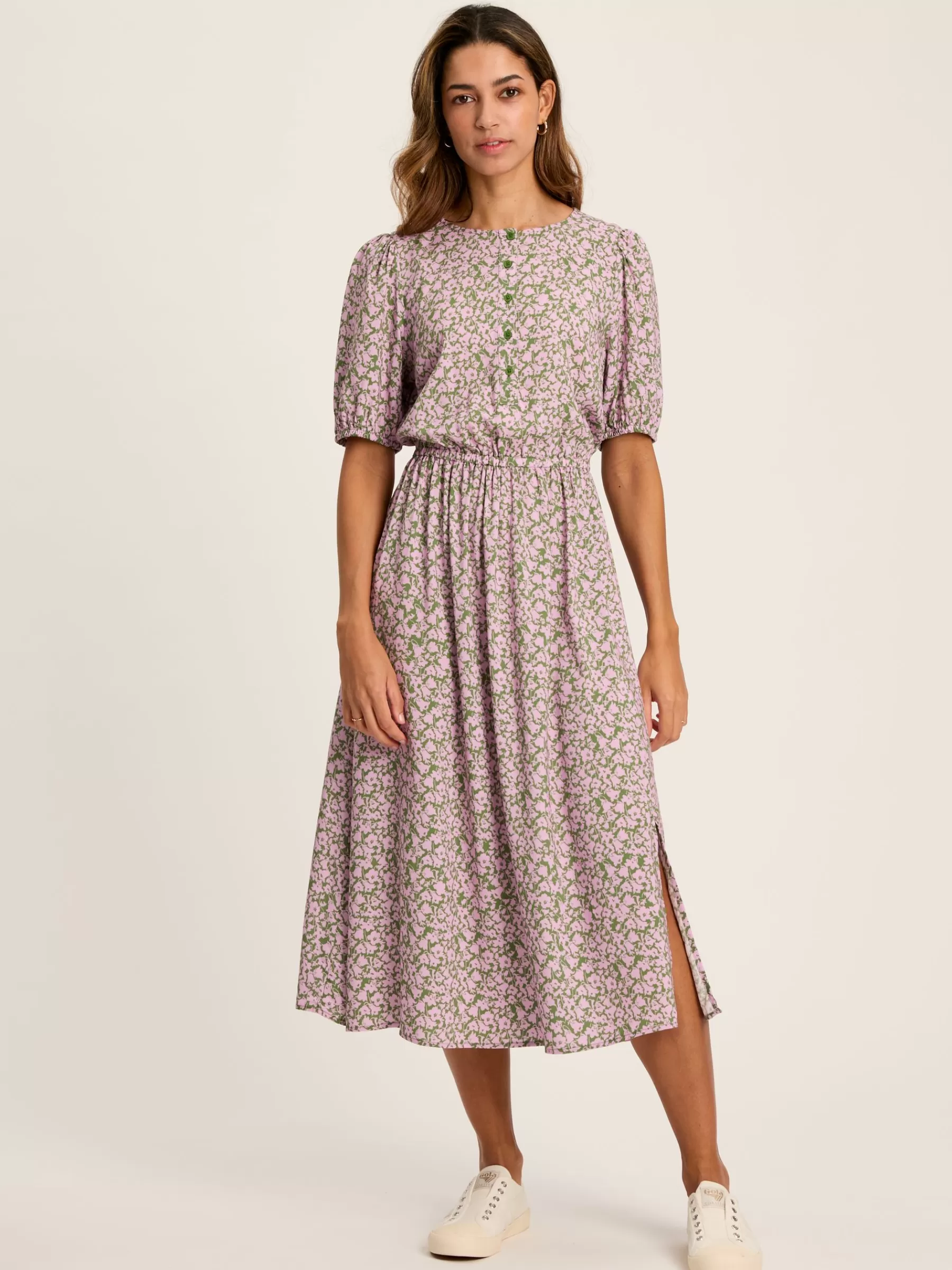 Joules Adele Green & Pink Floral Button Down Midi Dress with Slit Green&Pink Best