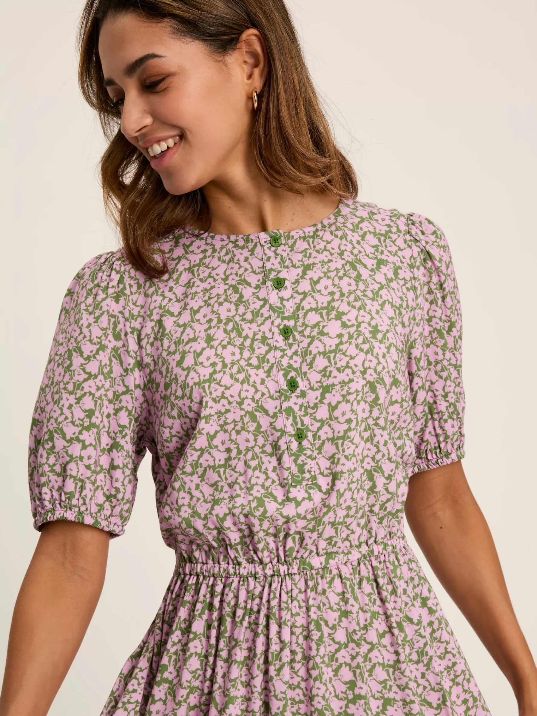 Joules Adele Green & Pink Floral Button Down Midi Dress with Slit Green&Pink Best