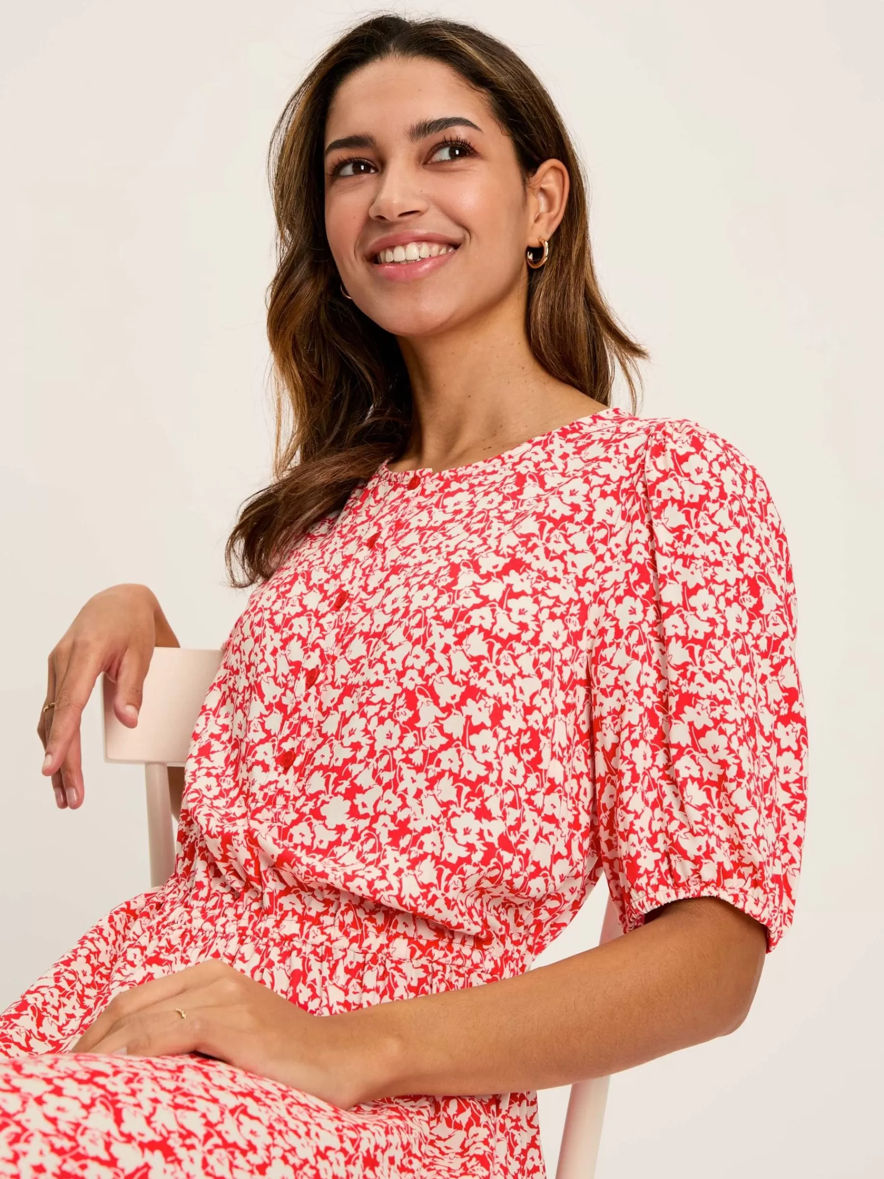 Joules Adele Floral Button Down Midi Dress with Slit Red Online