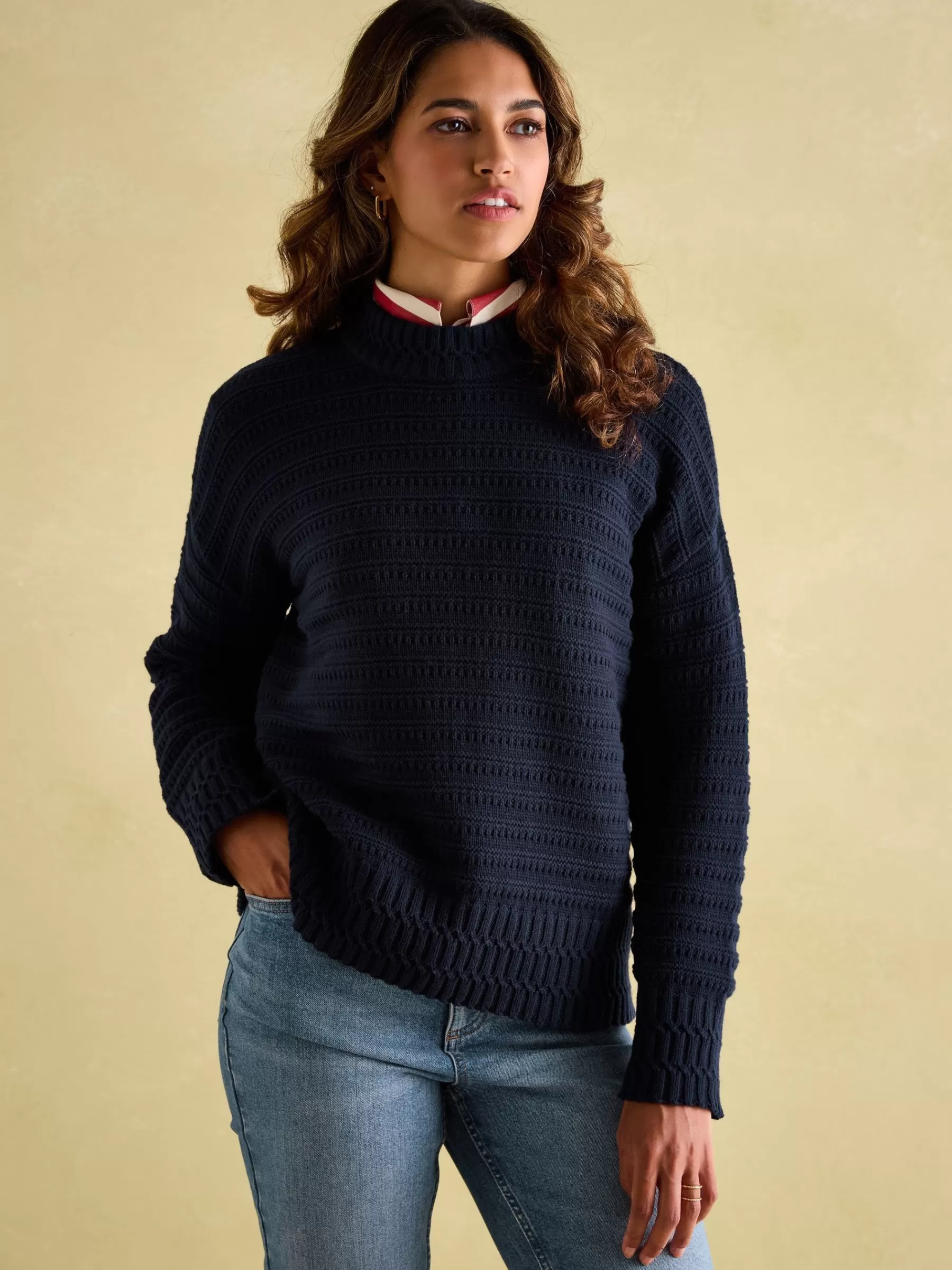 Joules Bernie Navy Blue Crew Neck Textured Jumper Contains Merino Wool NavyBlue Fashion