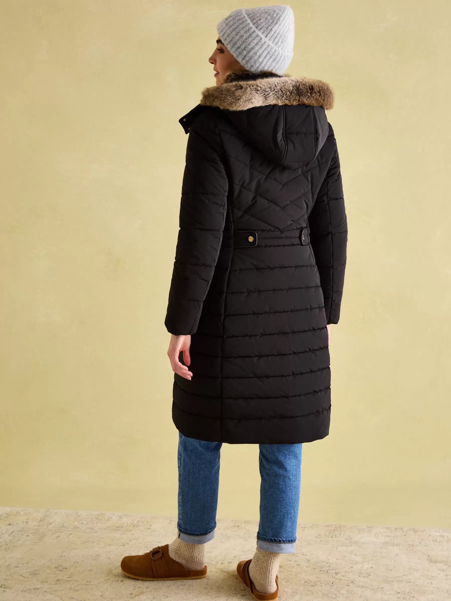 Joules Cherington Showerproof Longline Padded Coat with Faux Fur Hood Black Flash Sale