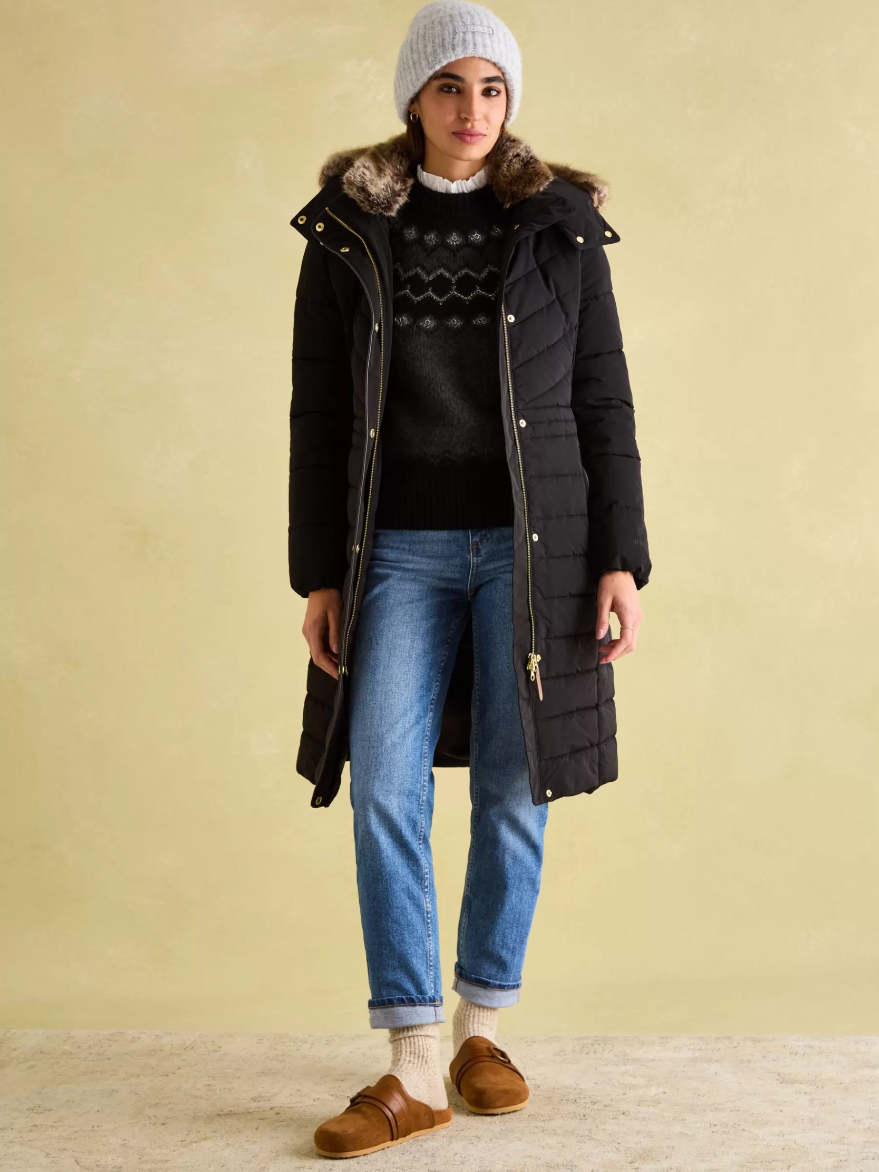 Joules Cherington Showerproof Longline Padded Coat with Faux Fur Hood Black Flash Sale
