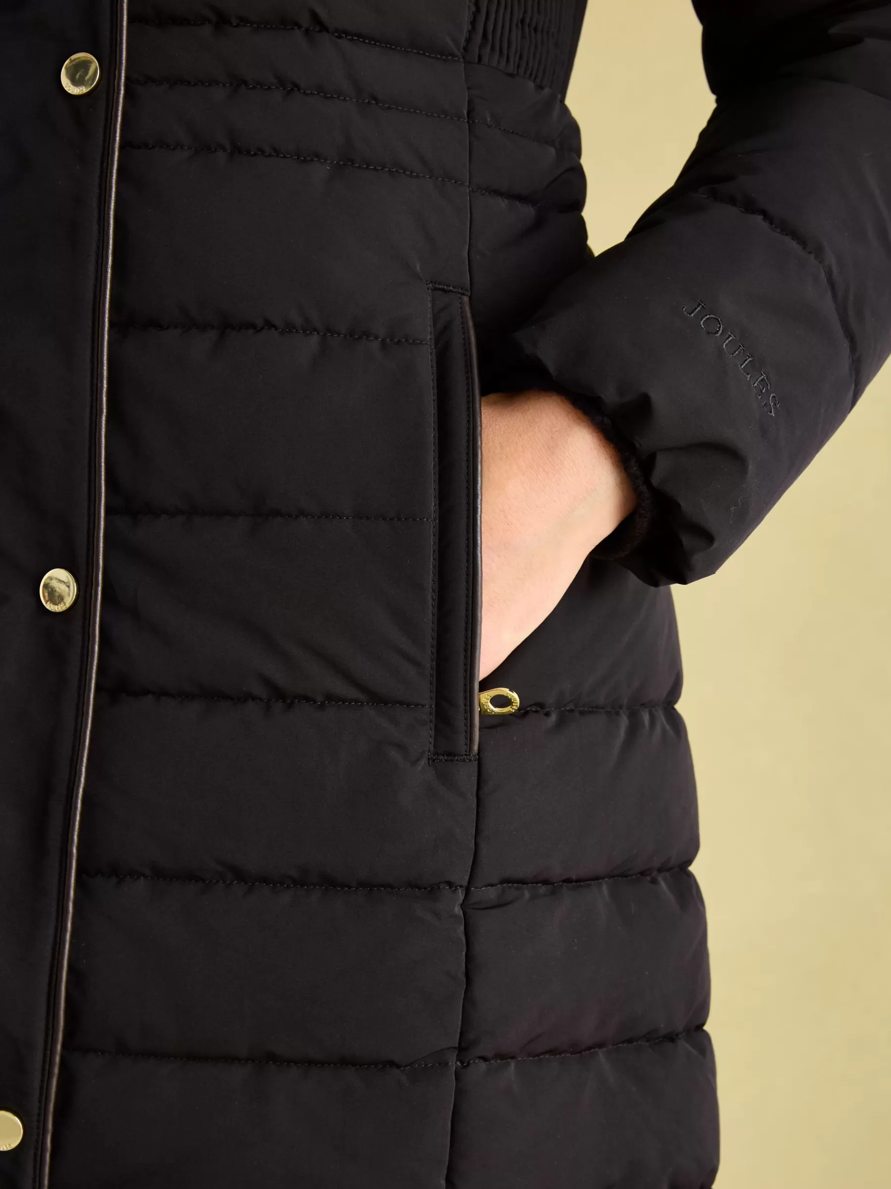 Joules Cherington Showerproof Longline Padded Coat with Faux Fur Hood Black Flash Sale