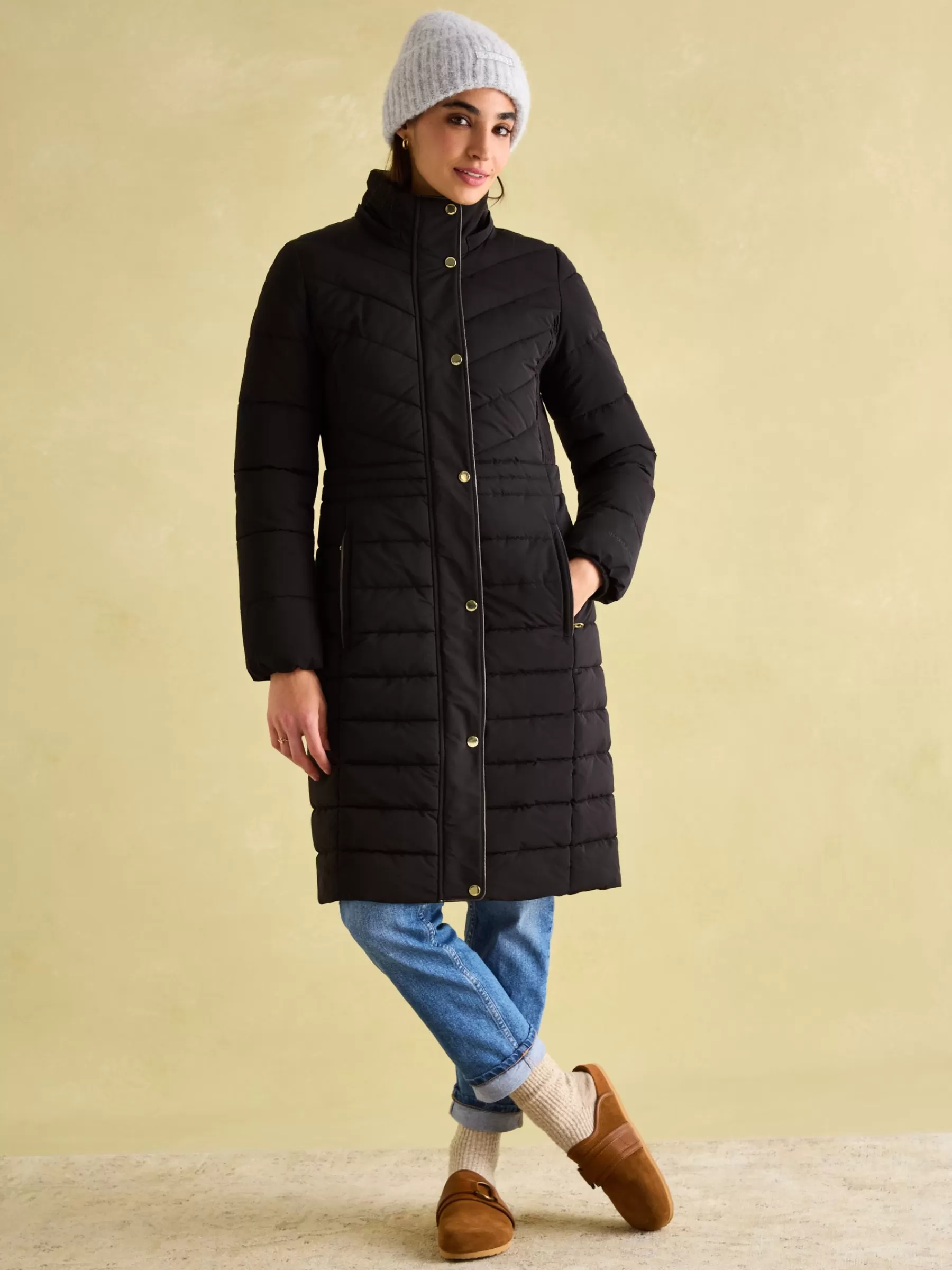 Joules Cherington Showerproof Longline Padded Coat with Faux Fur Hood Black Flash Sale