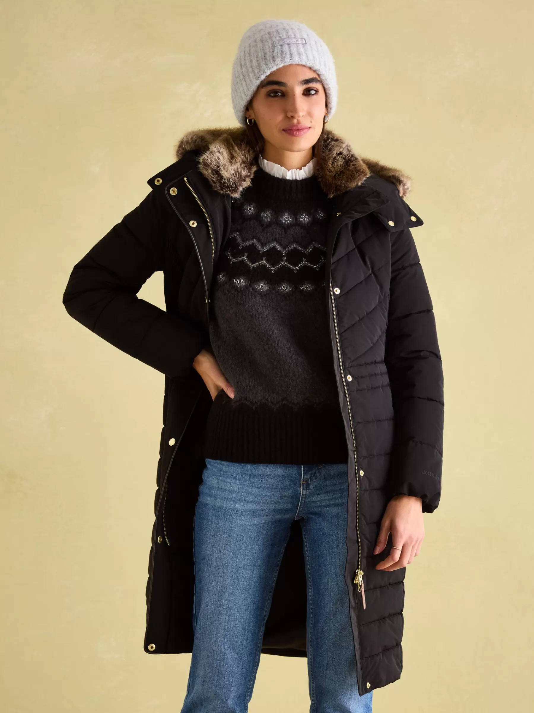 Joules Cherington Showerproof Longline Padded Coat with Faux Fur Hood Black Flash Sale