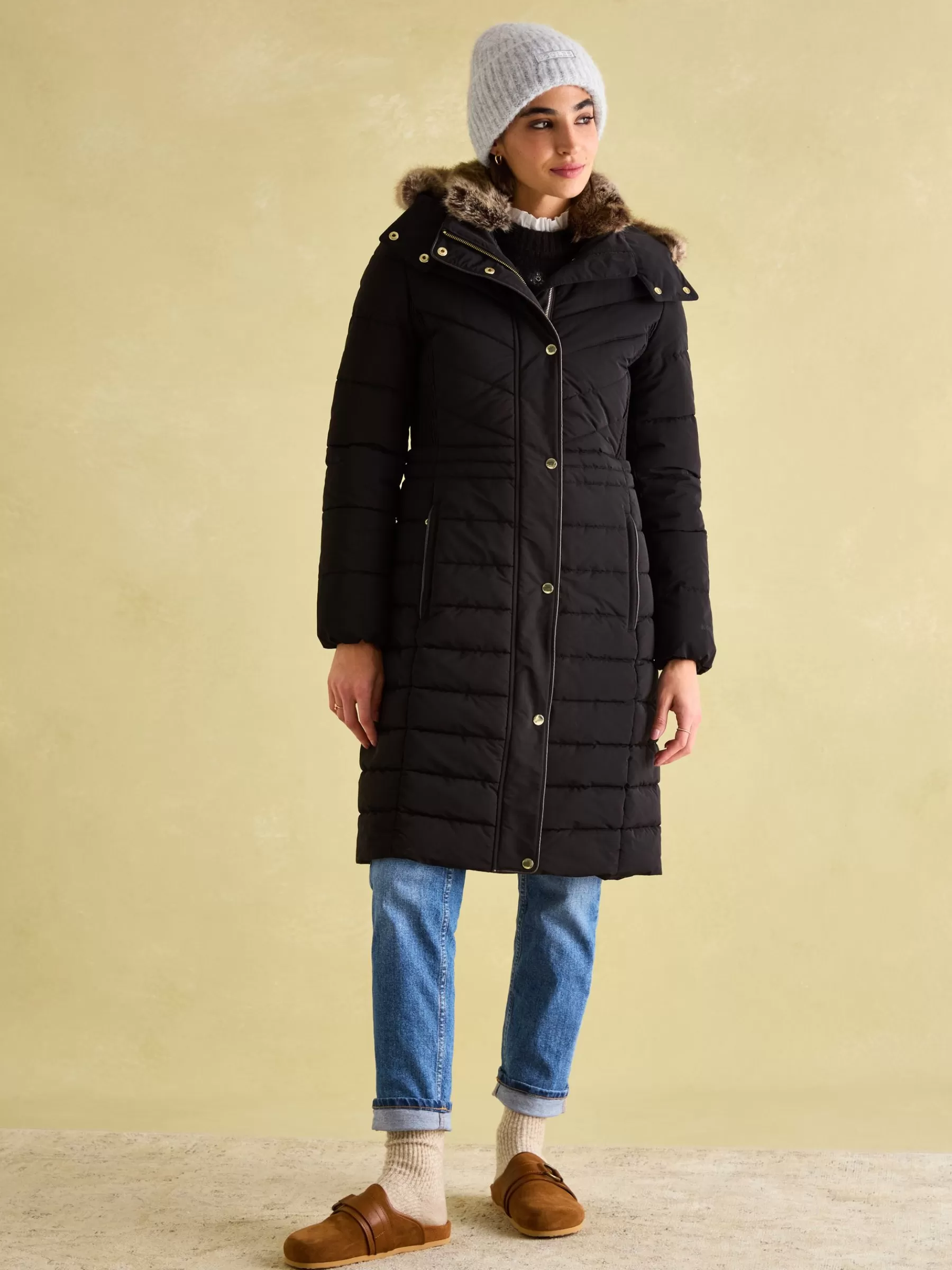 Joules Cherington Showerproof Longline Padded Coat with Faux Fur Hood Black Flash Sale