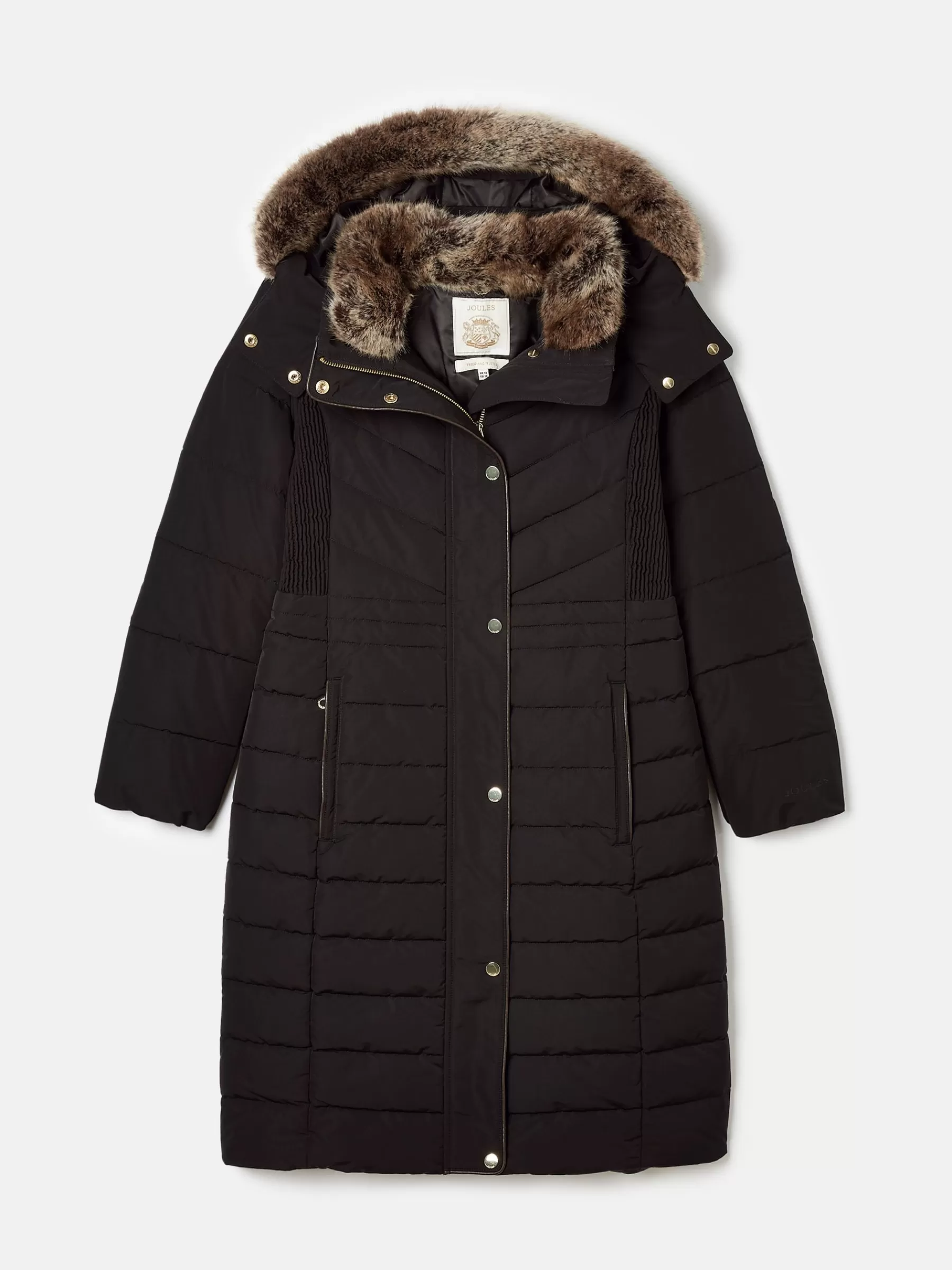 Joules Cherington Showerproof Longline Padded Coat with Faux Fur Hood Black Flash Sale