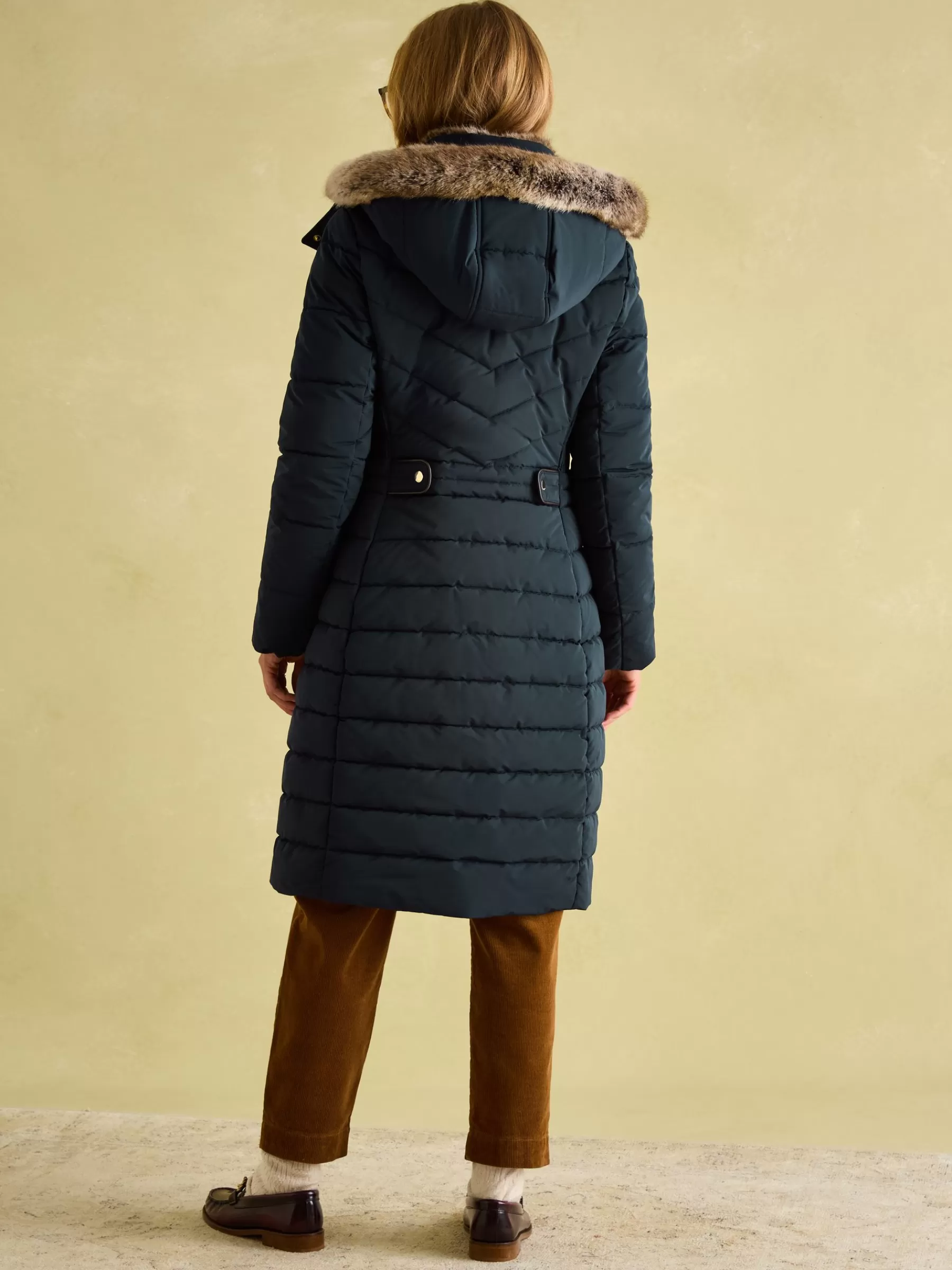 Joules Cherington Showerproof Longline Padded Coat with Faux Fur Hood Navy Cheap