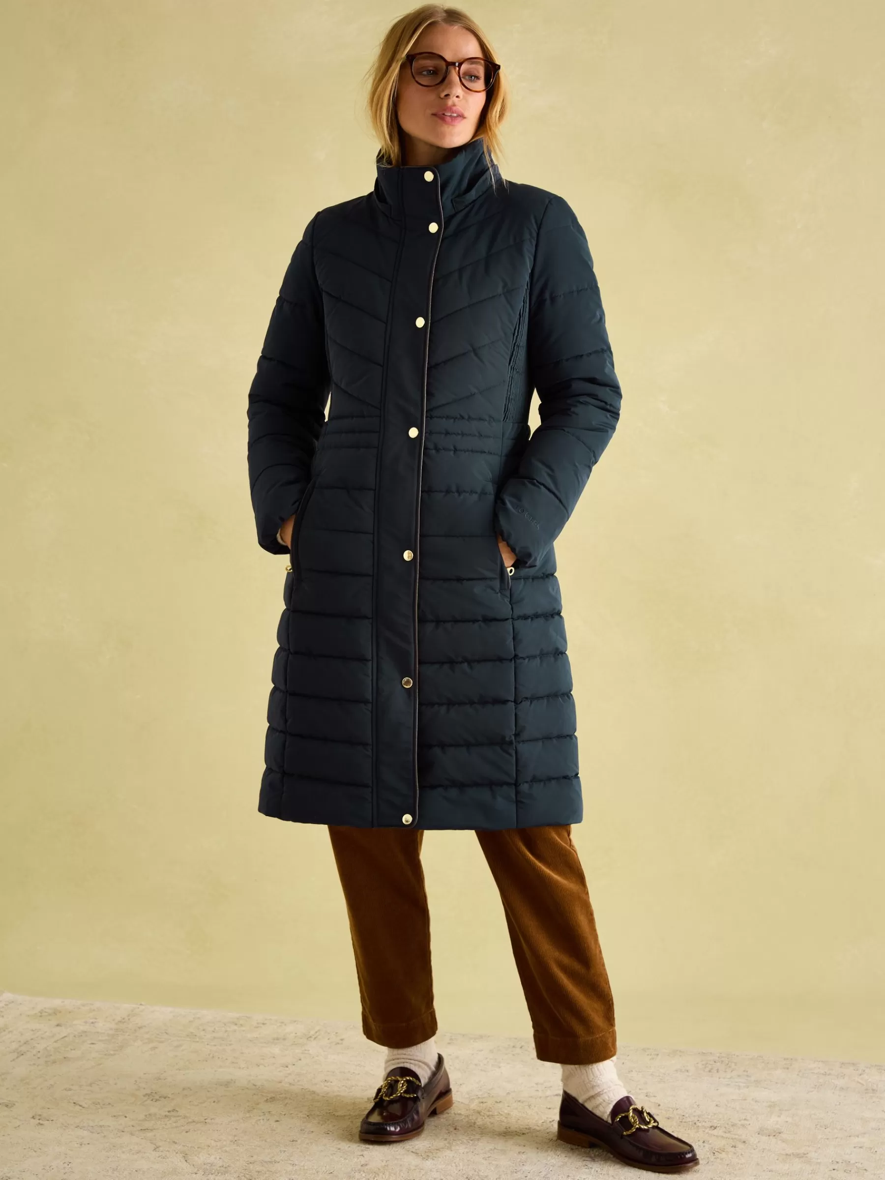 Joules Cherington Showerproof Longline Padded Coat with Faux Fur Hood Navy Cheap