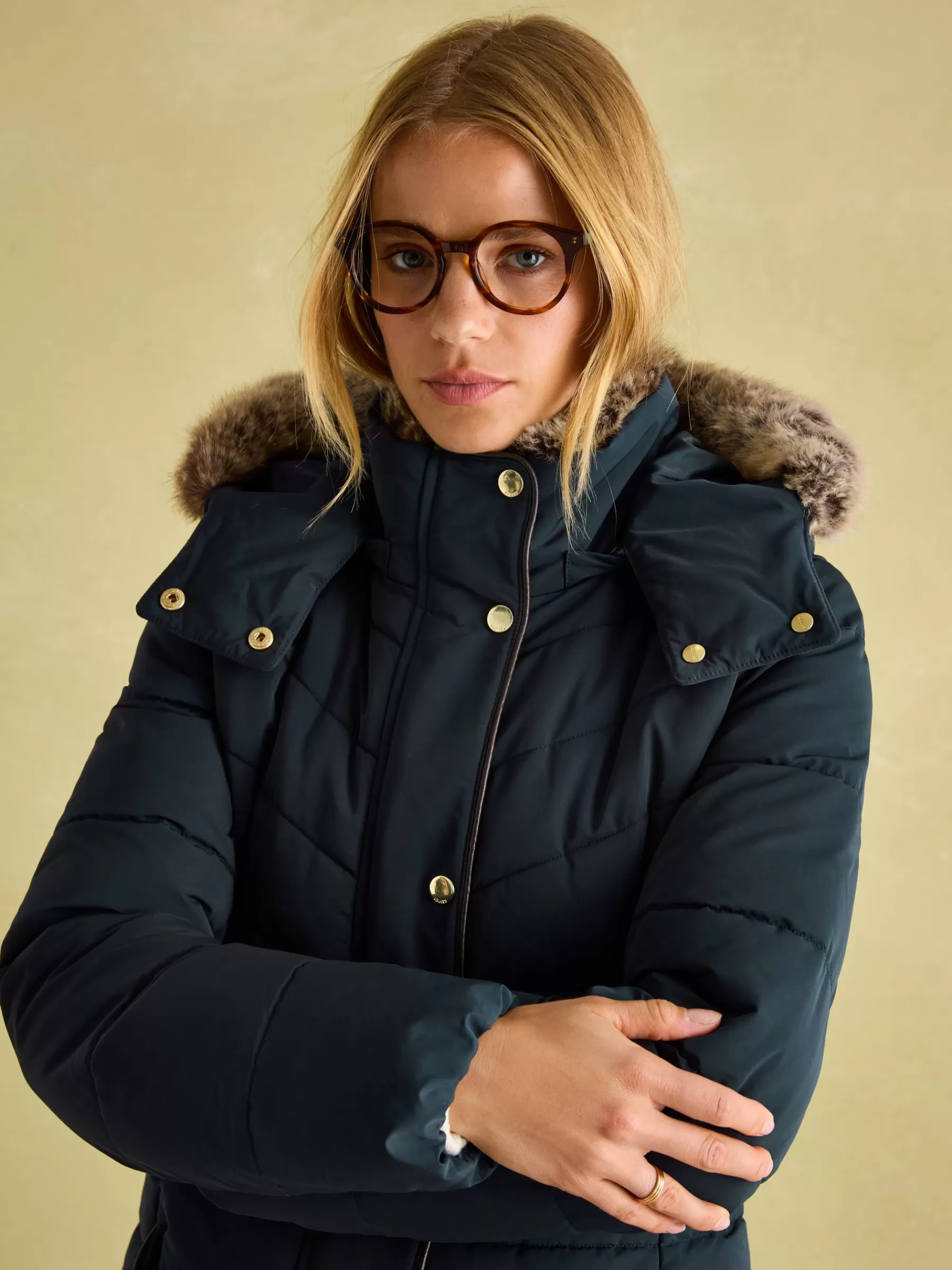 Joules Cherington Showerproof Longline Padded Coat with Faux Fur Hood Navy Cheap