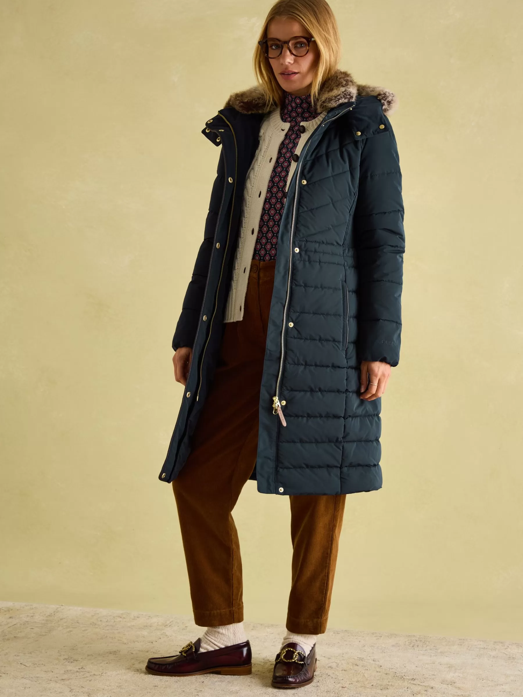 Joules Cherington Showerproof Longline Padded Coat with Faux Fur Hood Navy Cheap