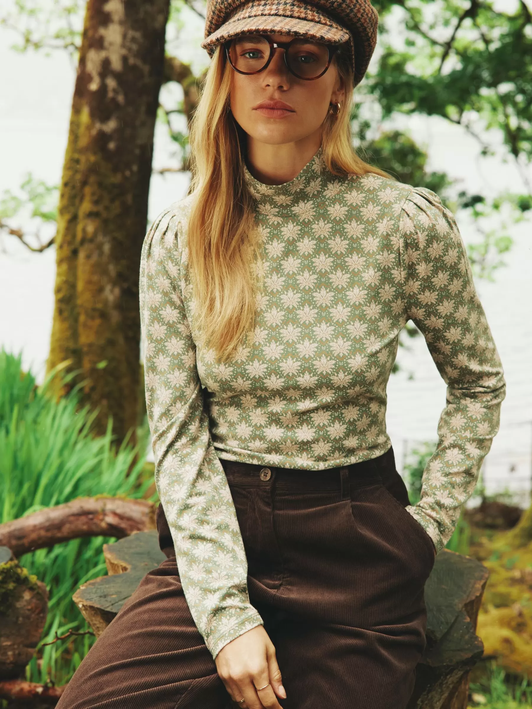 Joules Elizabeth Green Floral High Neck Jersey Top GreenFloral Hot