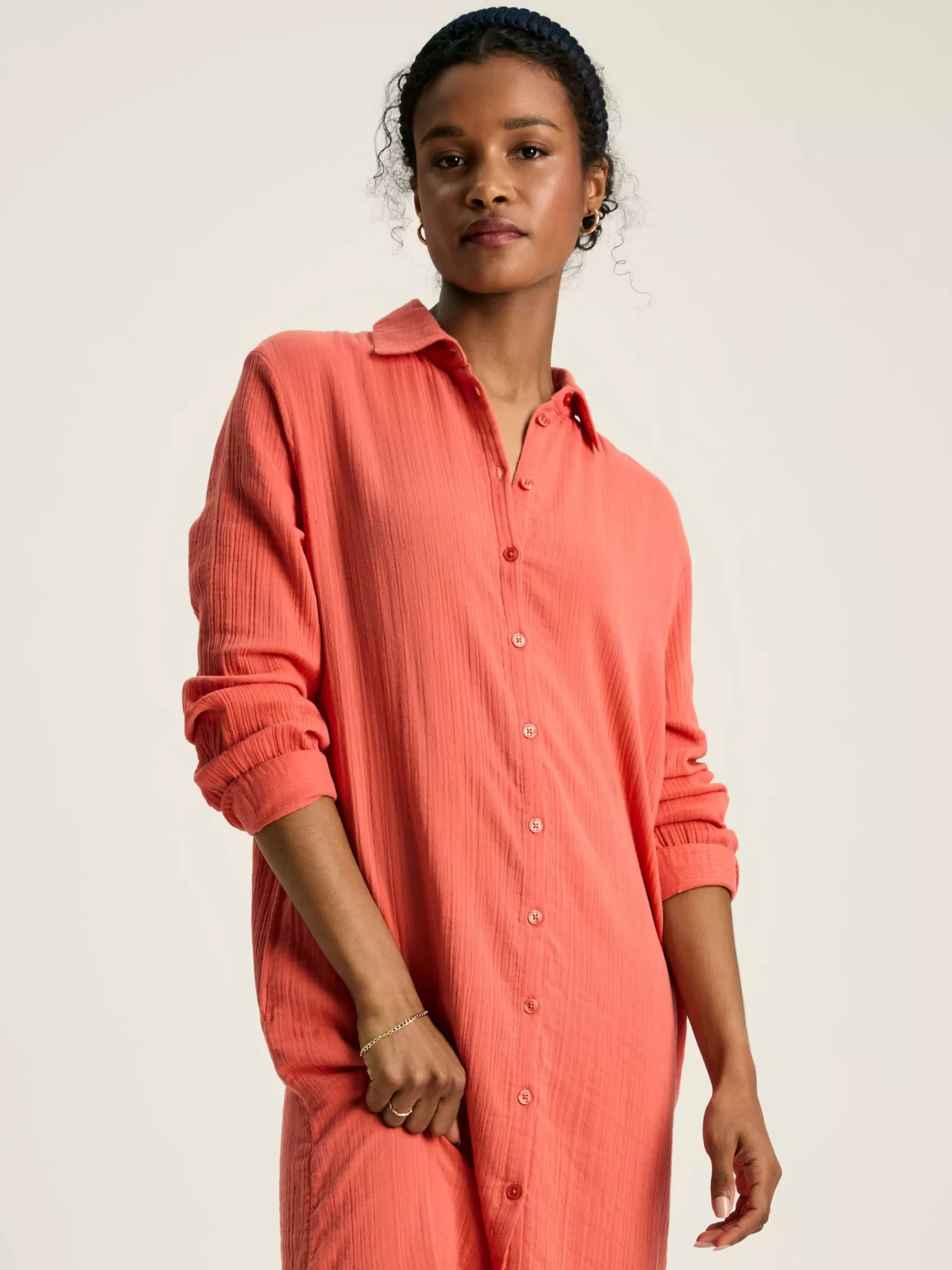 Joules Erica Coral Pink Button Through Cotton Shirt Dress CoralPink Store