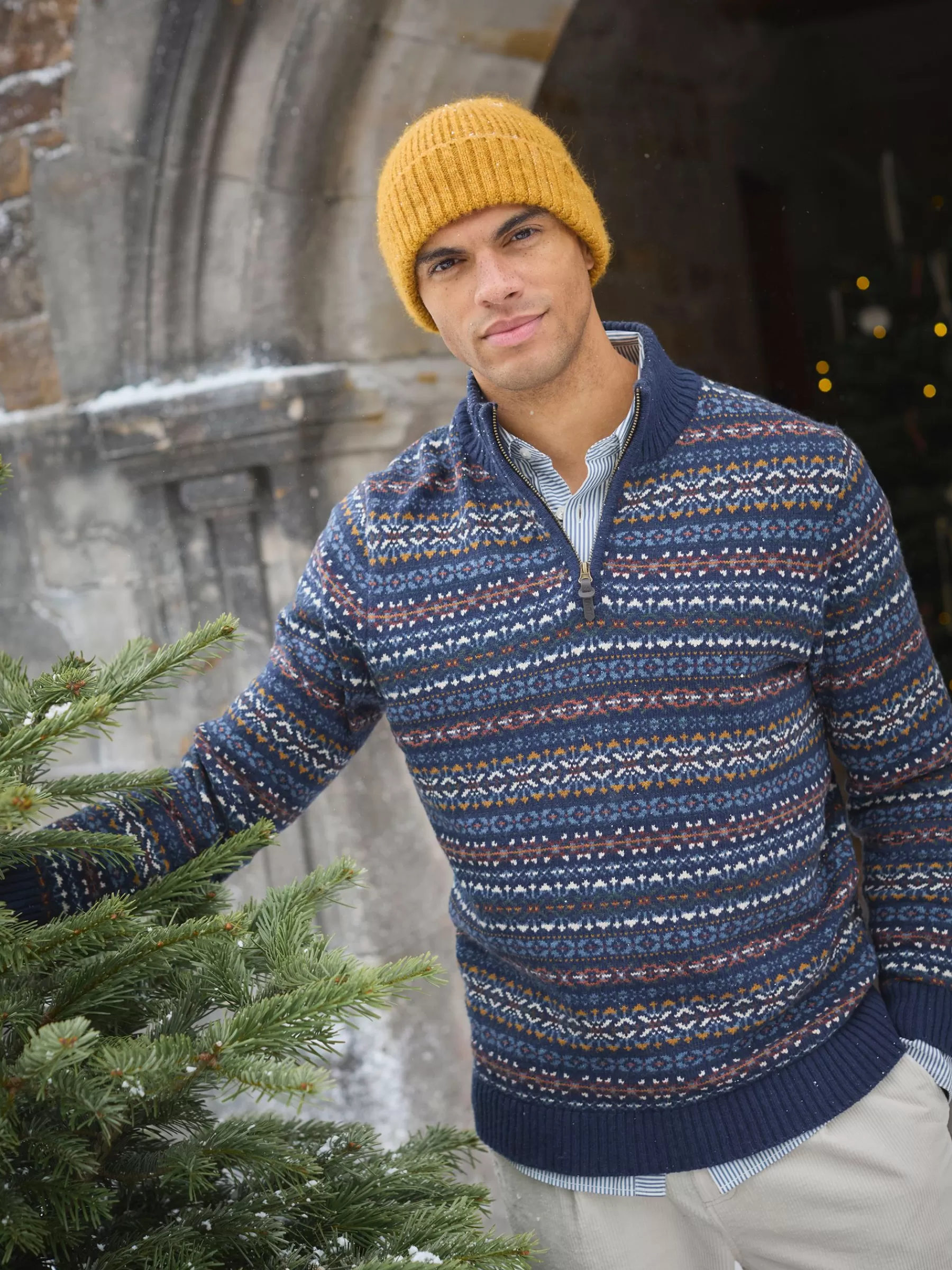 Joules Fair Isle Quarter Zip Knit Jumper Contains Merino Wool Navy Cheap