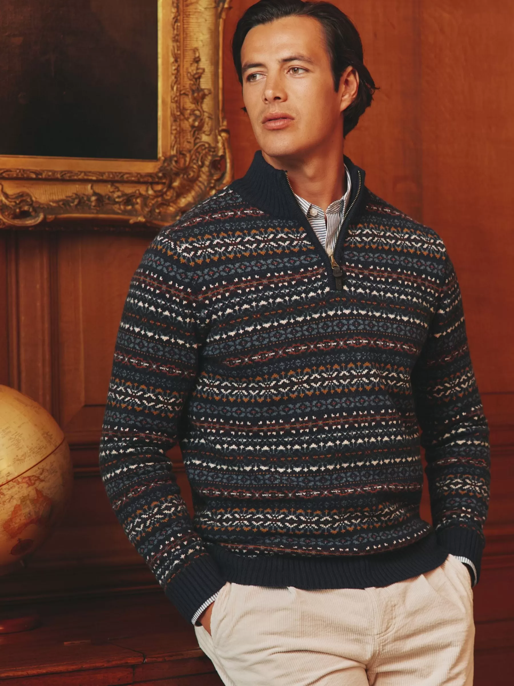 Joules Fair Isle Quarter Zip Knit Jumper Contains Merino Wool Navy Cheap