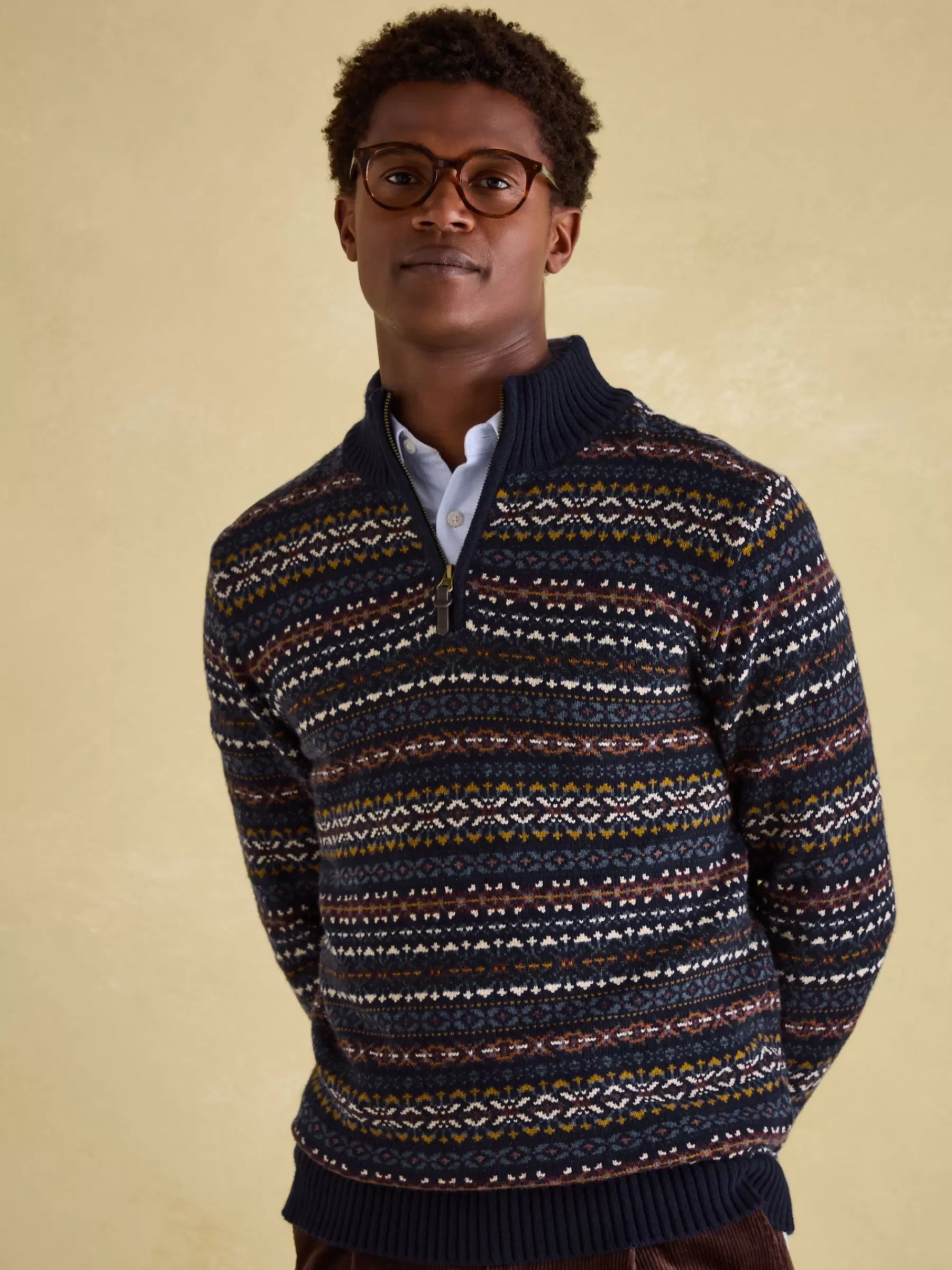 Joules Fair Isle Quarter Zip Knit Jumper Contains Merino Wool Navy Cheap