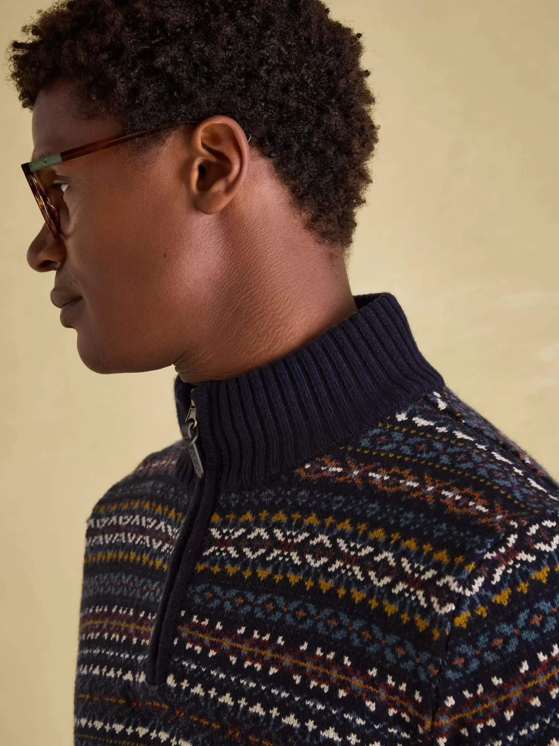 Joules Fair Isle Quarter Zip Knit Jumper Contains Merino Wool Navy Cheap