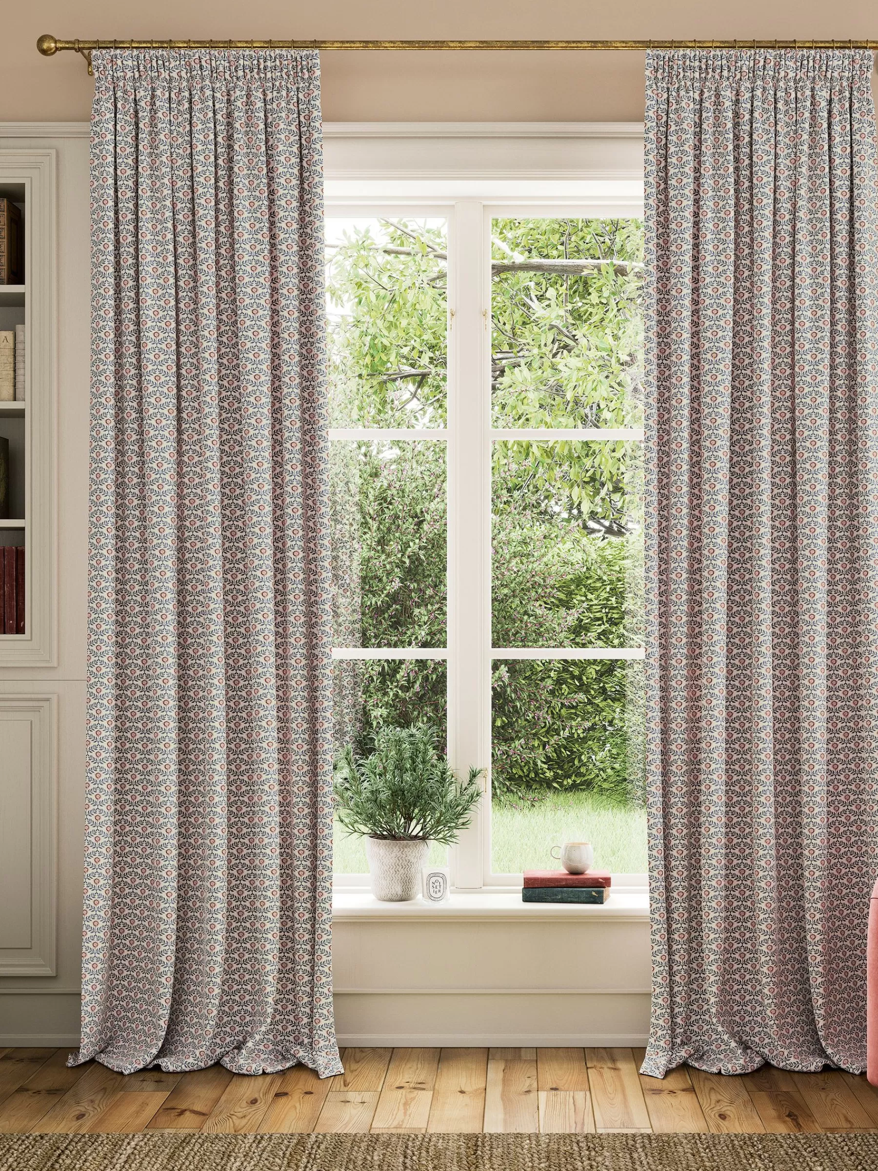 Joules Floral Foulard Set of 2 Blue & Cream Blackout Pencil Pleat Curtains Blue&Cream Sale