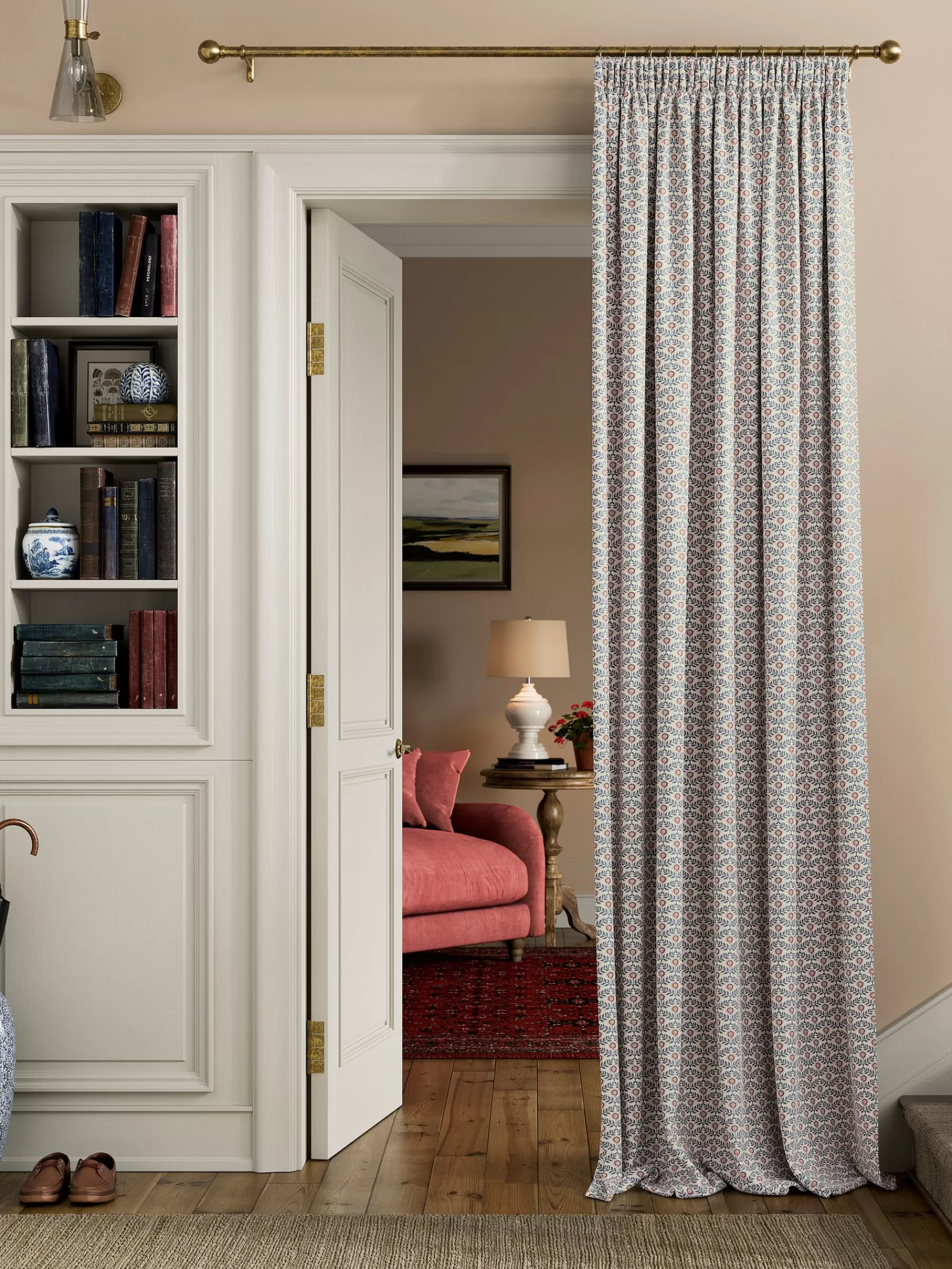 Joules Floral Foulard Set of 2 Blue & Cream Blackout Pencil Pleat Curtains Blue&Cream Sale