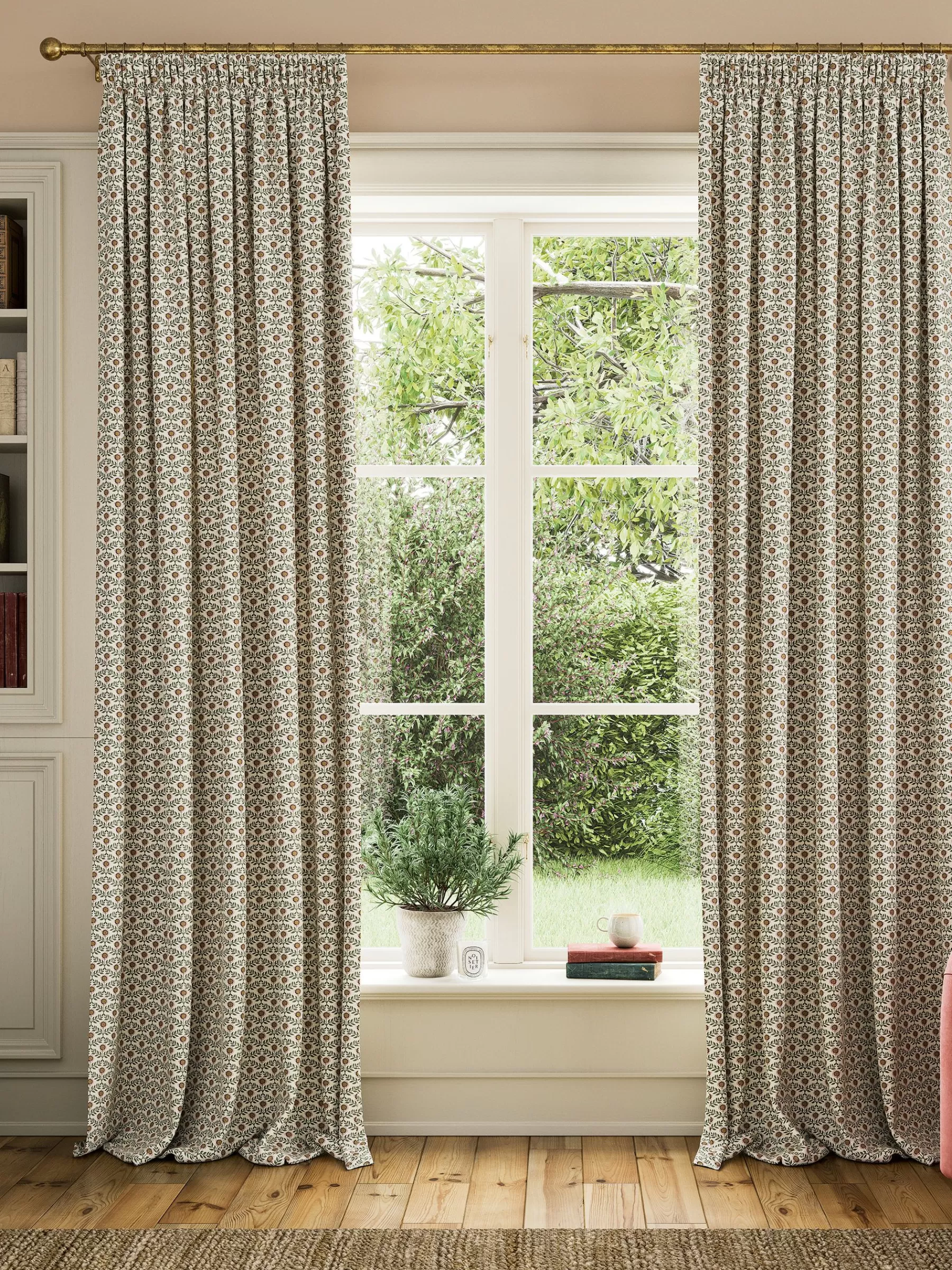 Joules Floral Foulard Set of 2 Green & Cream Blackout Pencil Pleat Curtains Green&Cream Clearance