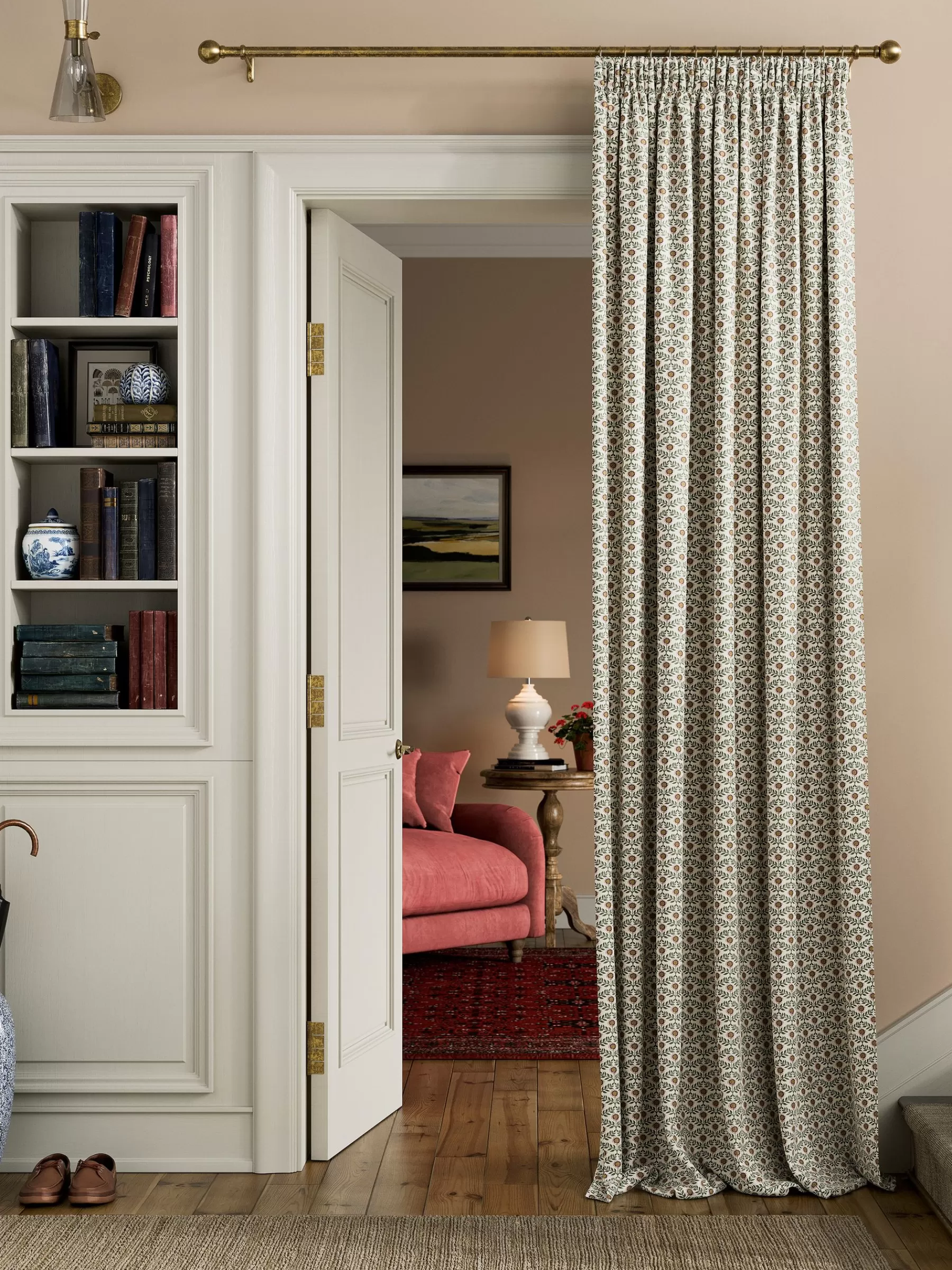 Joules Floral Foulard Set of 2 Green & Cream Blackout Pencil Pleat Curtains Green&Cream Clearance