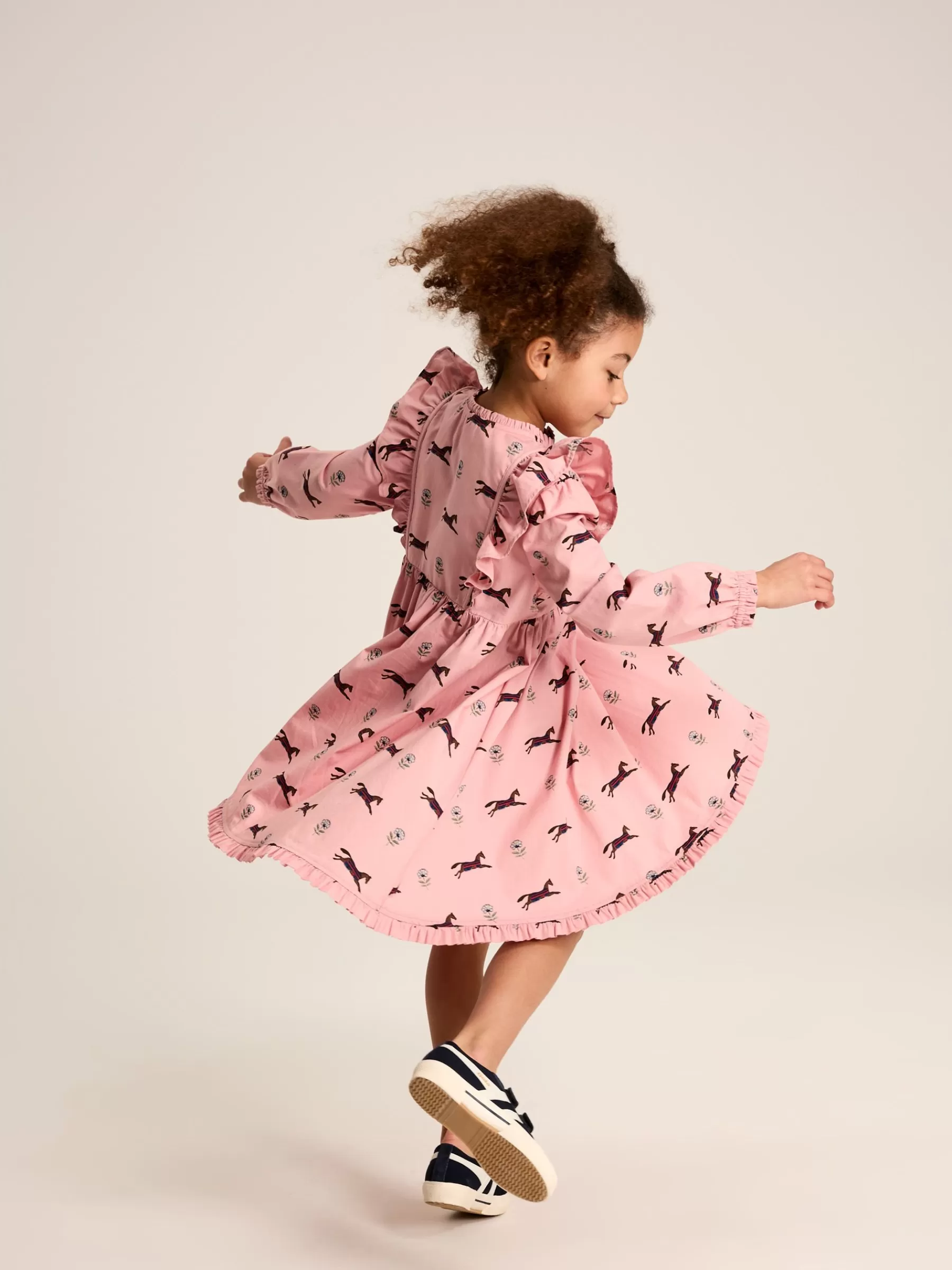 Joules Florence Pink Horse Print Long Sleeve Frilled Dress PinkHorsePrint Sale