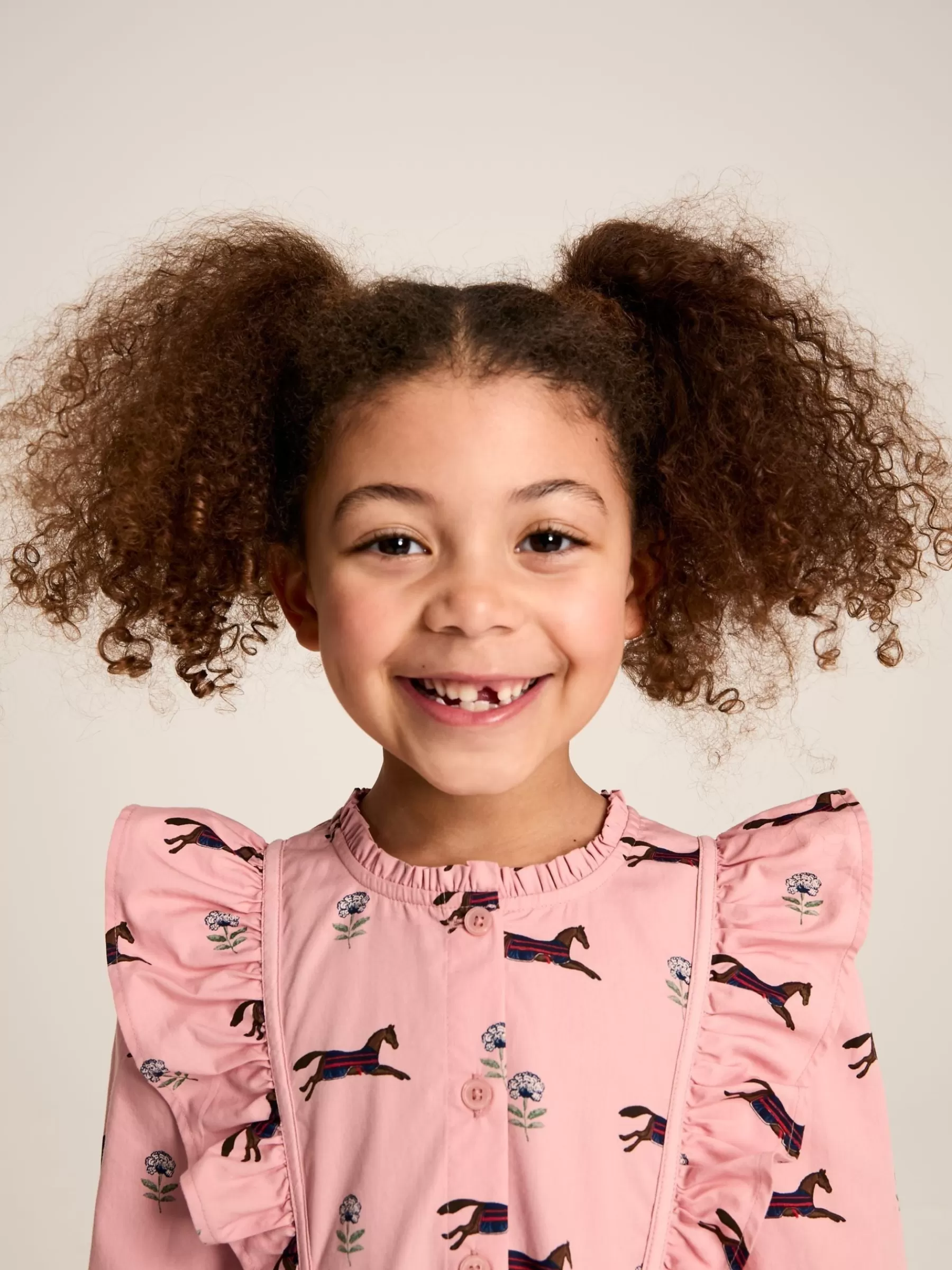 Joules Florence Pink Horse Print Long Sleeve Frilled Dress PinkHorsePrint Sale