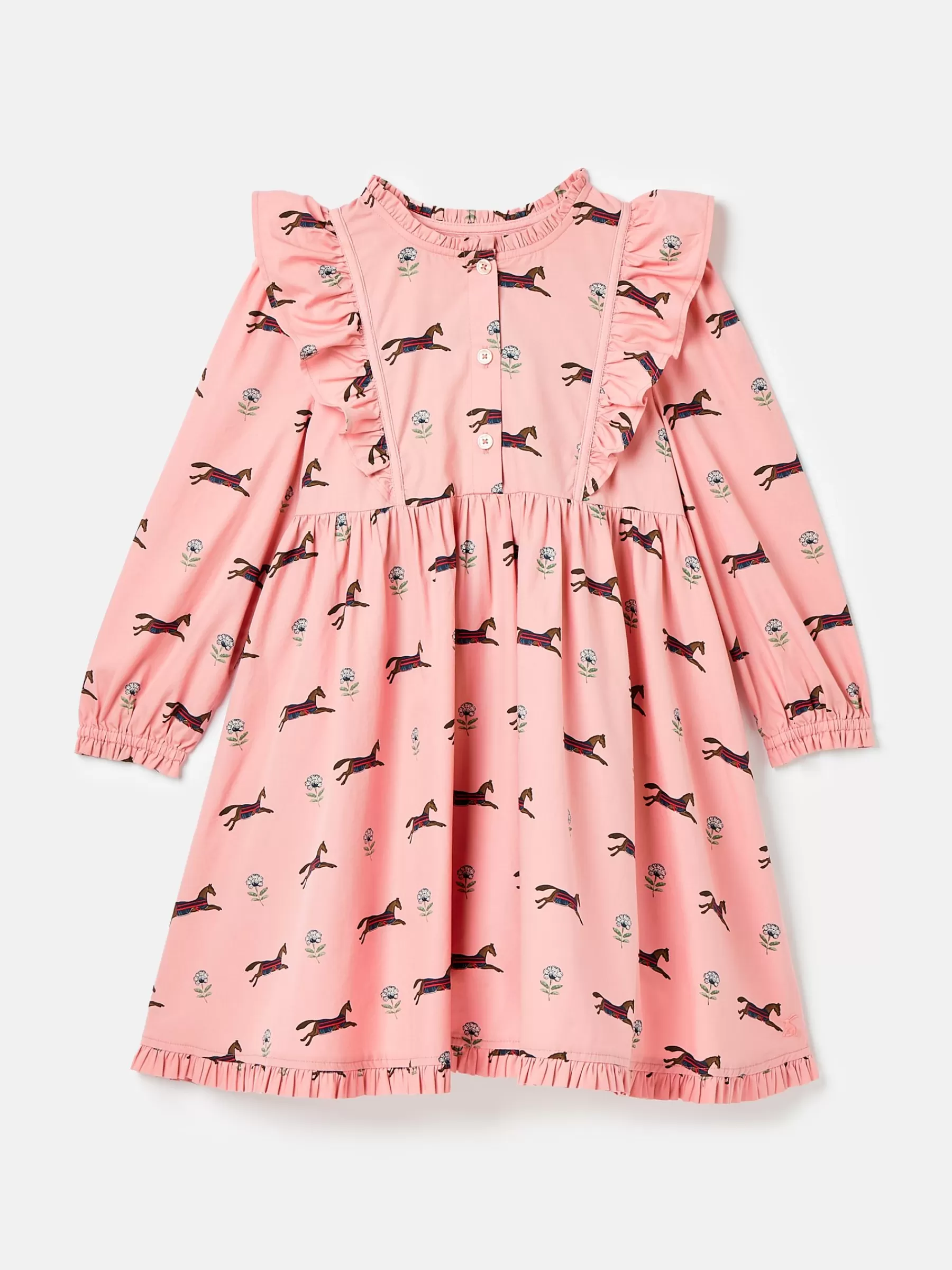 Joules Florence Pink Horse Print Long Sleeve Frilled Dress PinkHorsePrint Sale