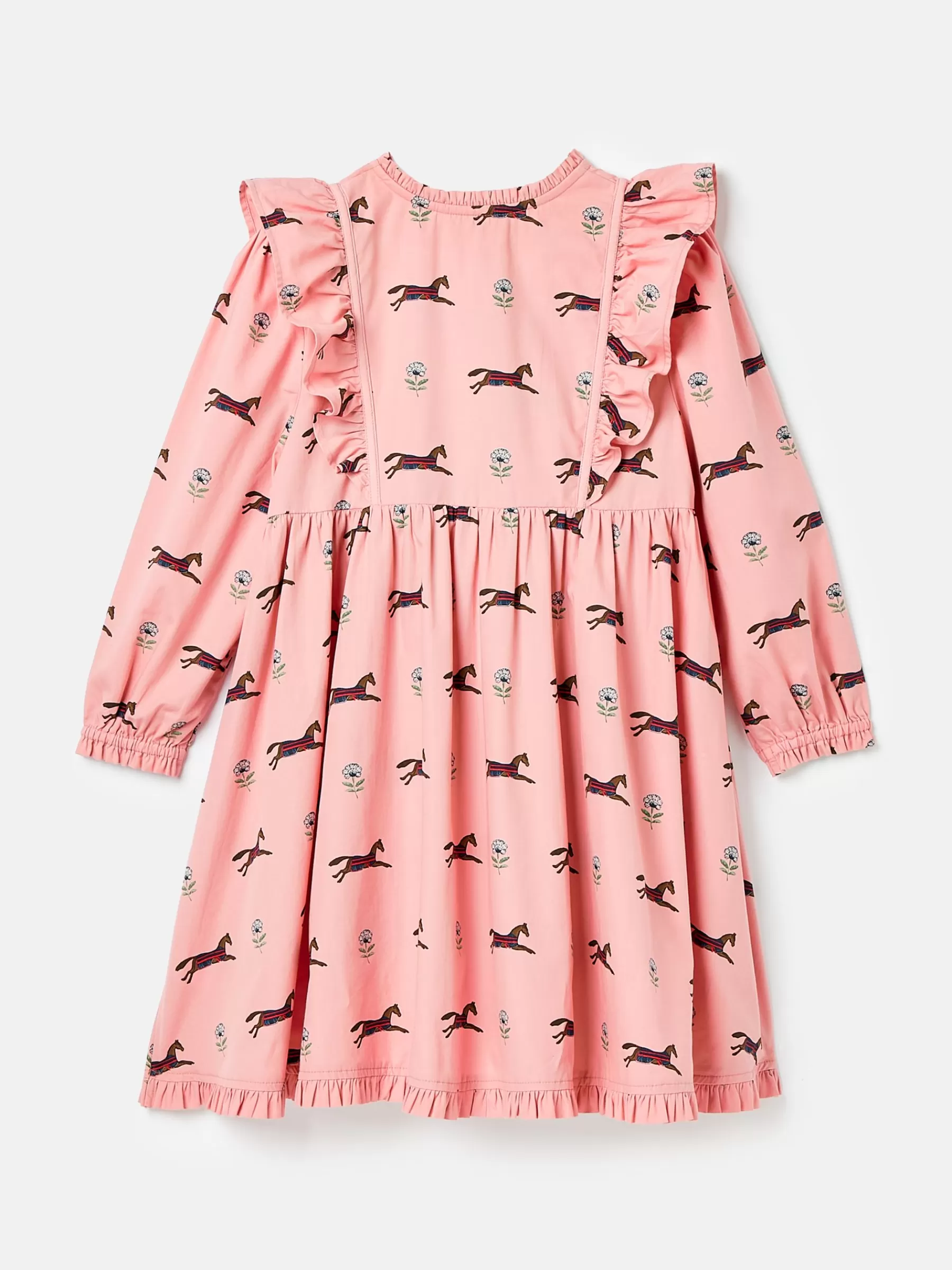 Joules Florence Pink Horse Print Long Sleeve Frilled Dress PinkHorsePrint Sale