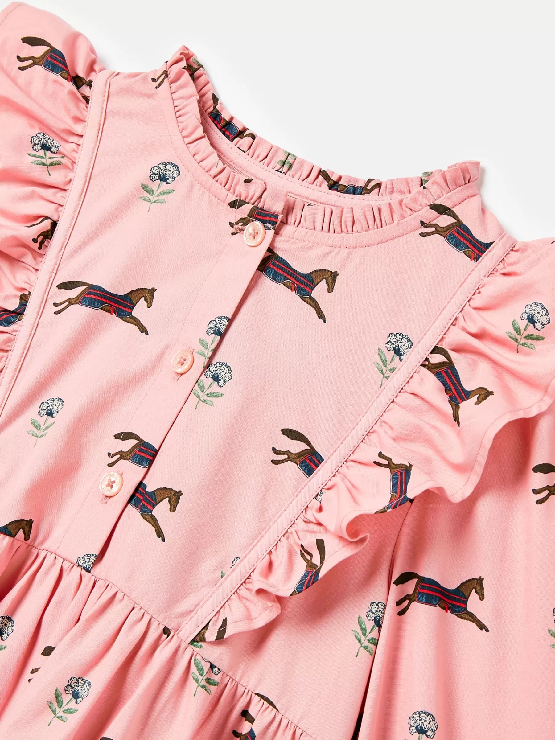 Joules Florence Pink Horse Print Long Sleeve Frilled Dress PinkHorsePrint Sale
