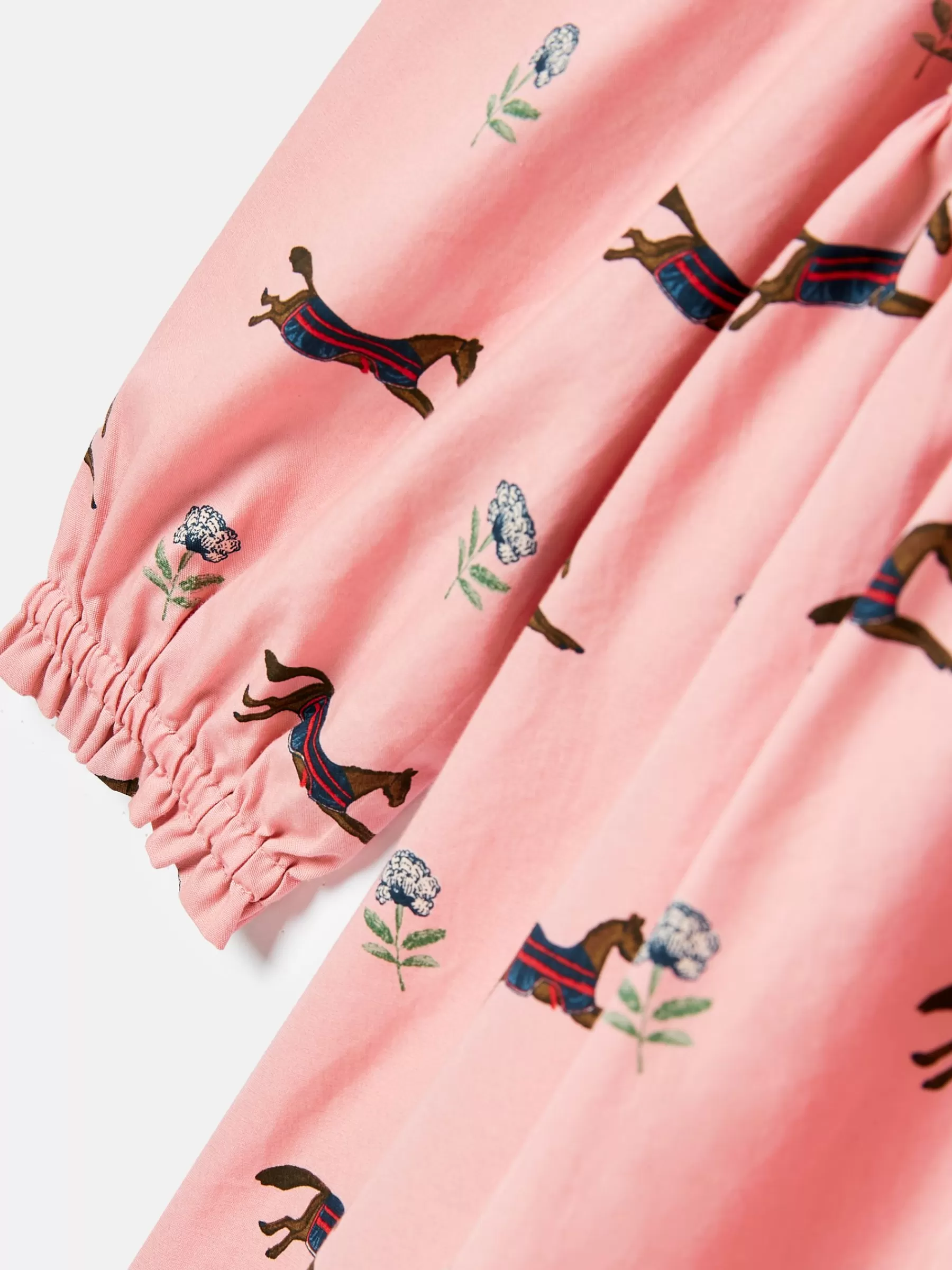 Joules Florence Pink Horse Print Long Sleeve Frilled Dress PinkHorsePrint Sale