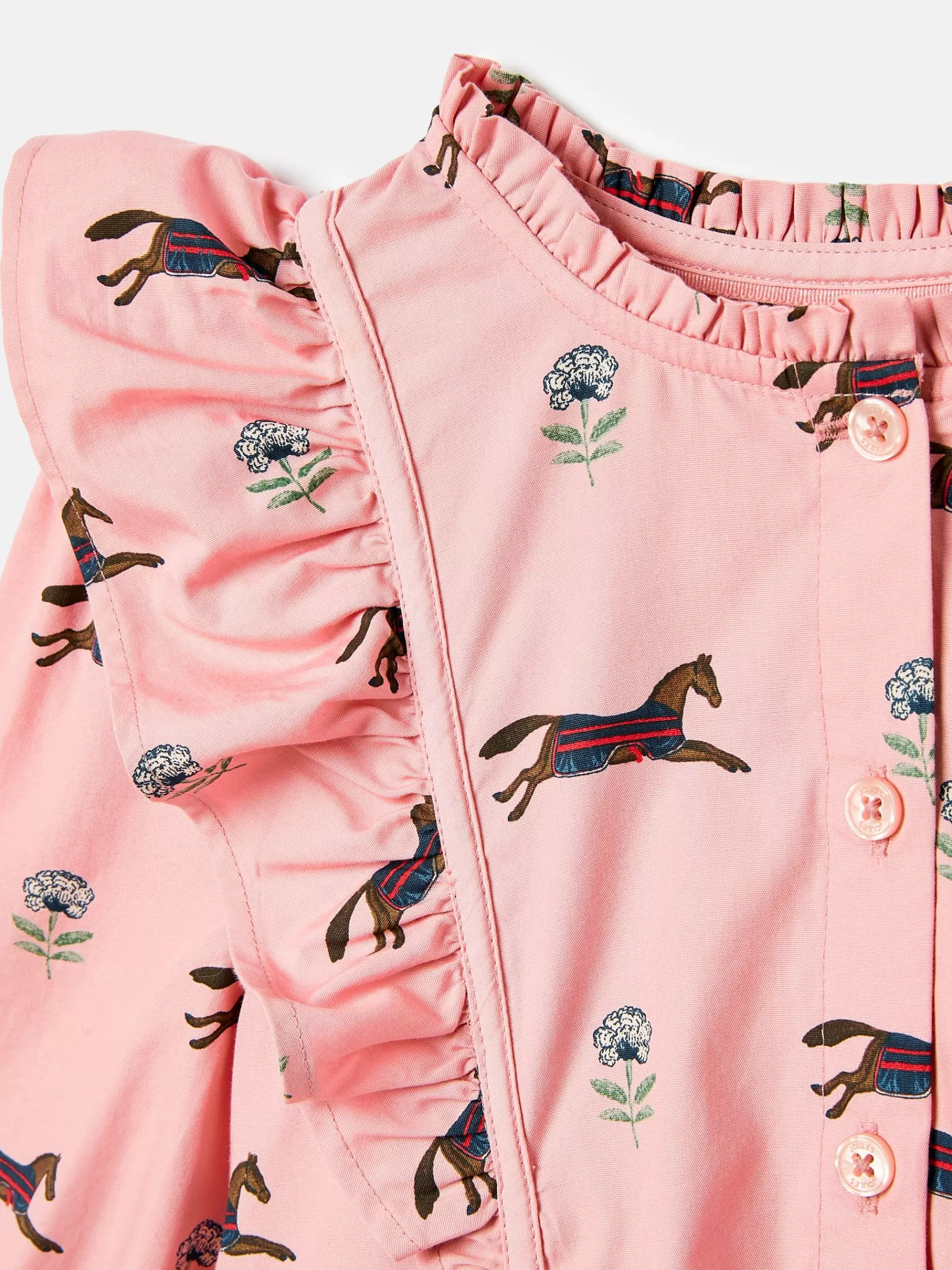 Joules Florence Pink Horse Print Long Sleeve Frilled Dress PinkHorsePrint Sale