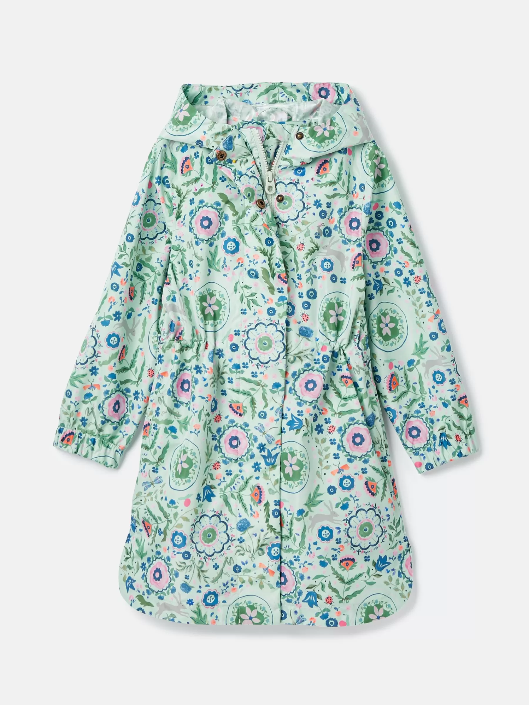 Joules Girls' Rainford Green Floral Waterproof Packable Raincoat With Hood GreenFloral Store