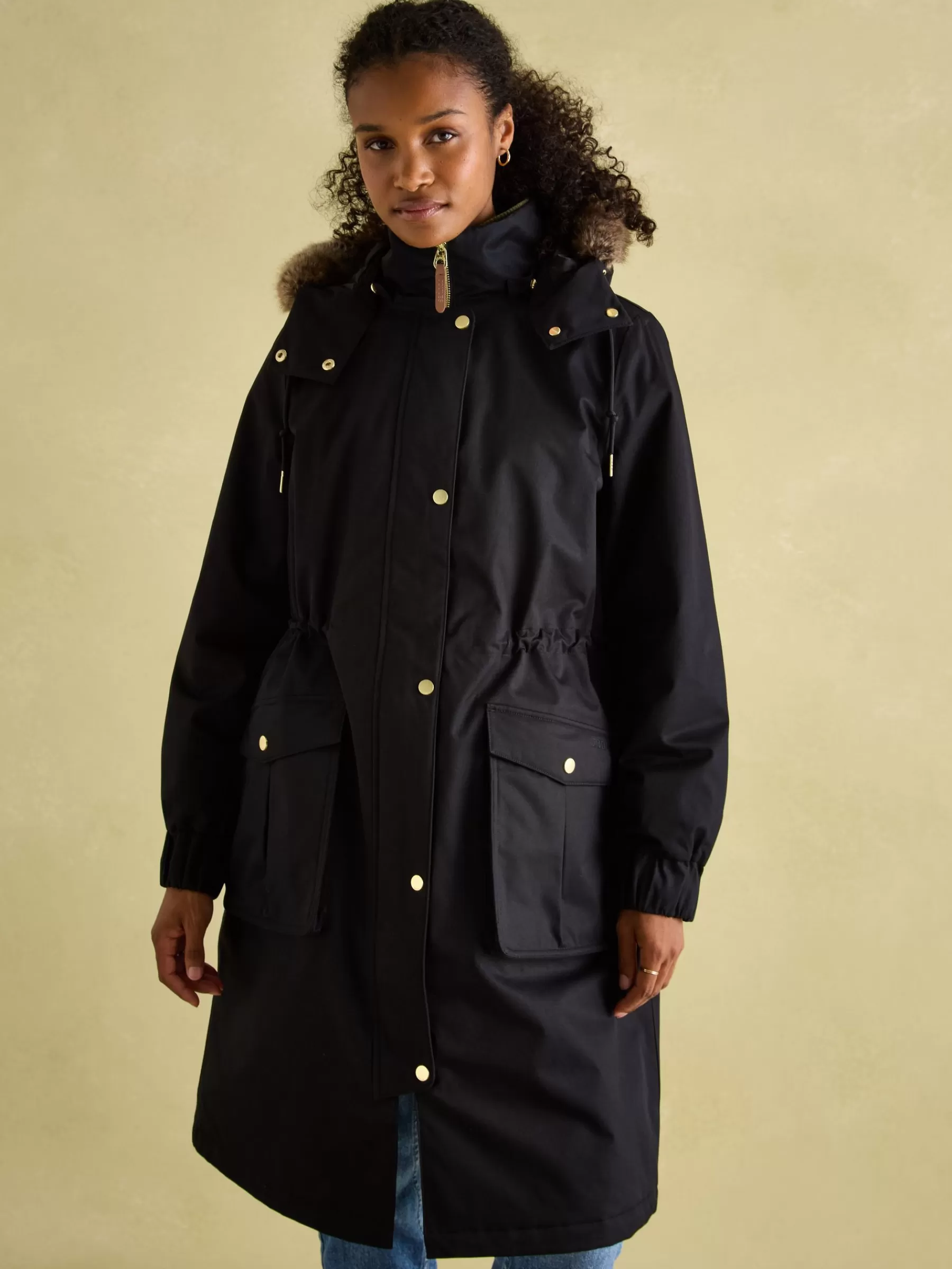 Joules Harpsden Cosy Waterproof Fleece Lined Raincoat with Faux Fur Hood Black Best