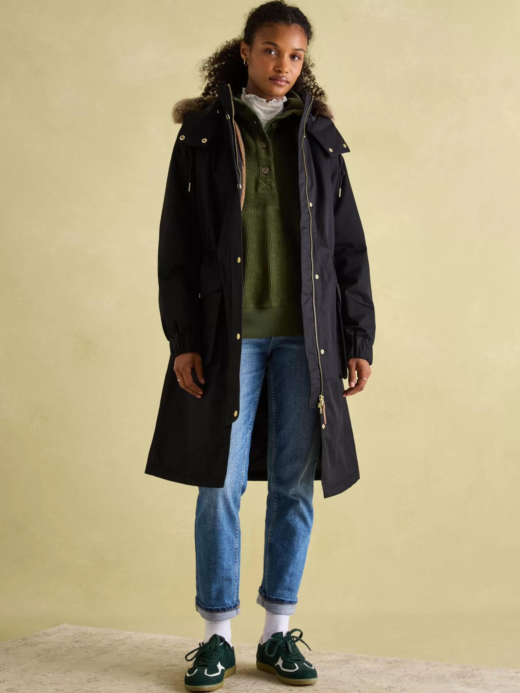 Joules Harpsden Cosy Waterproof Fleece Lined Raincoat with Faux Fur Hood Black Best