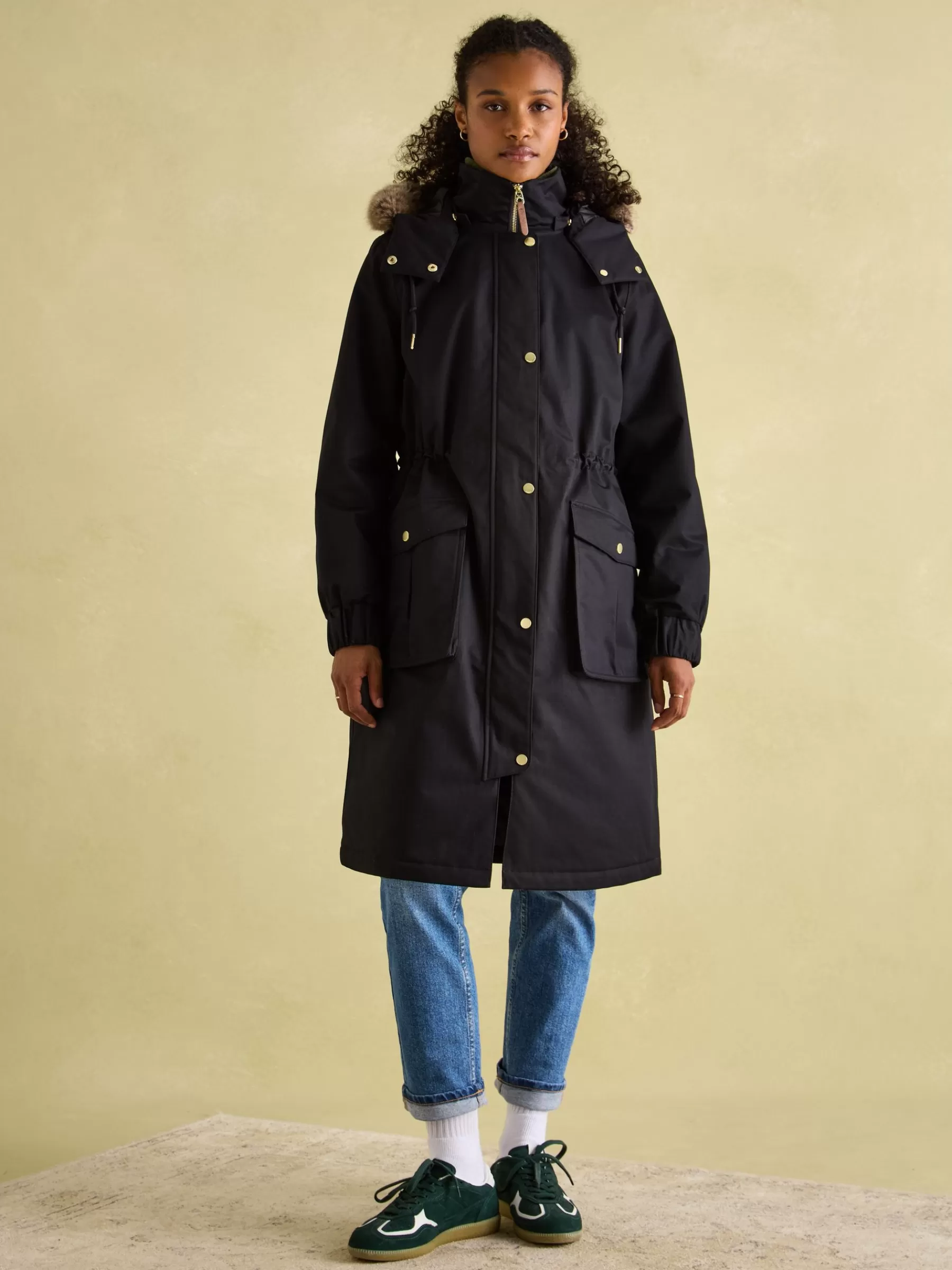 Joules Harpsden Cosy Waterproof Fleece Lined Raincoat with Faux Fur Hood Black Best