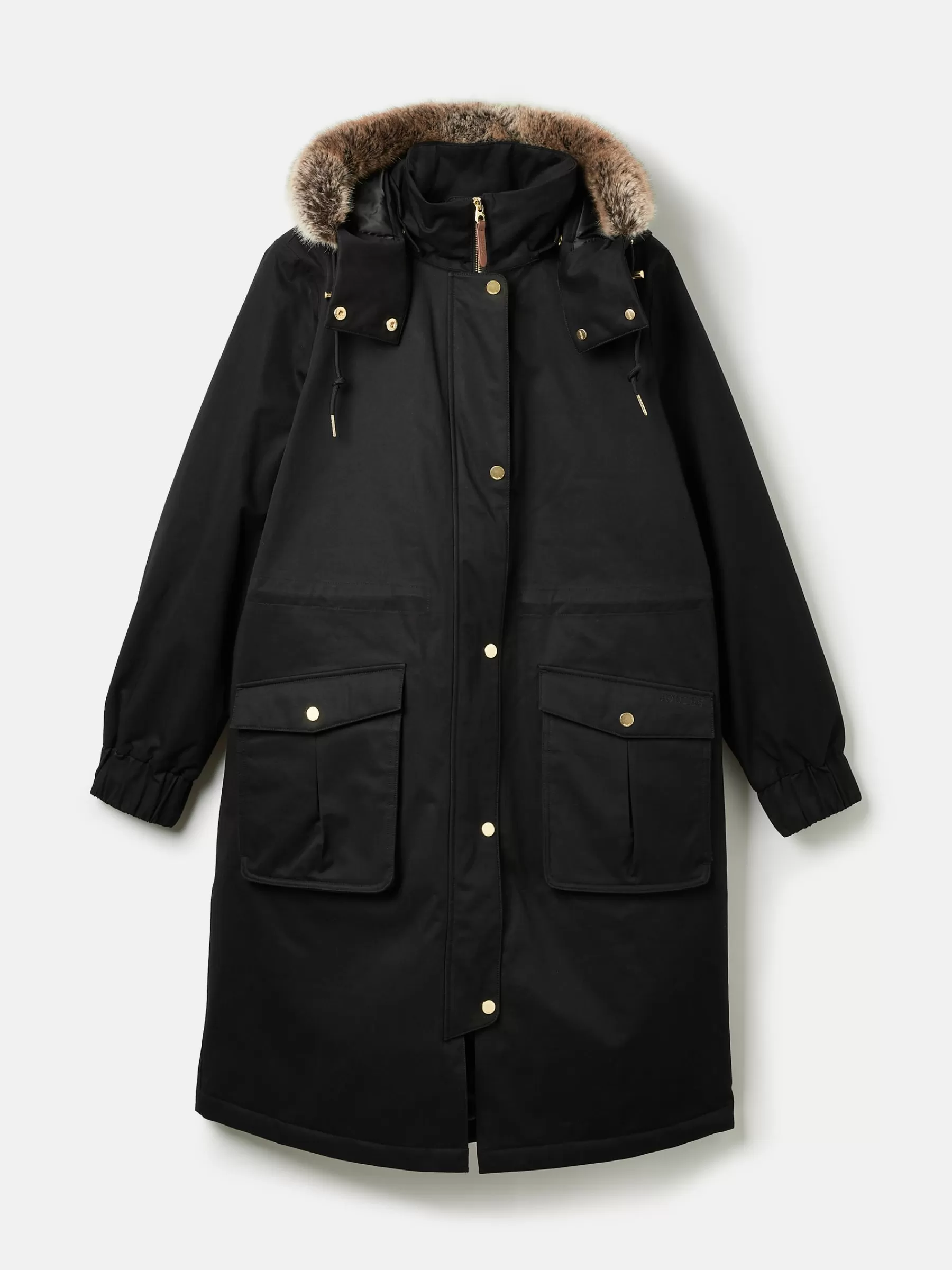 Joules Harpsden Cosy Waterproof Fleece Lined Raincoat with Faux Fur Hood Black Best