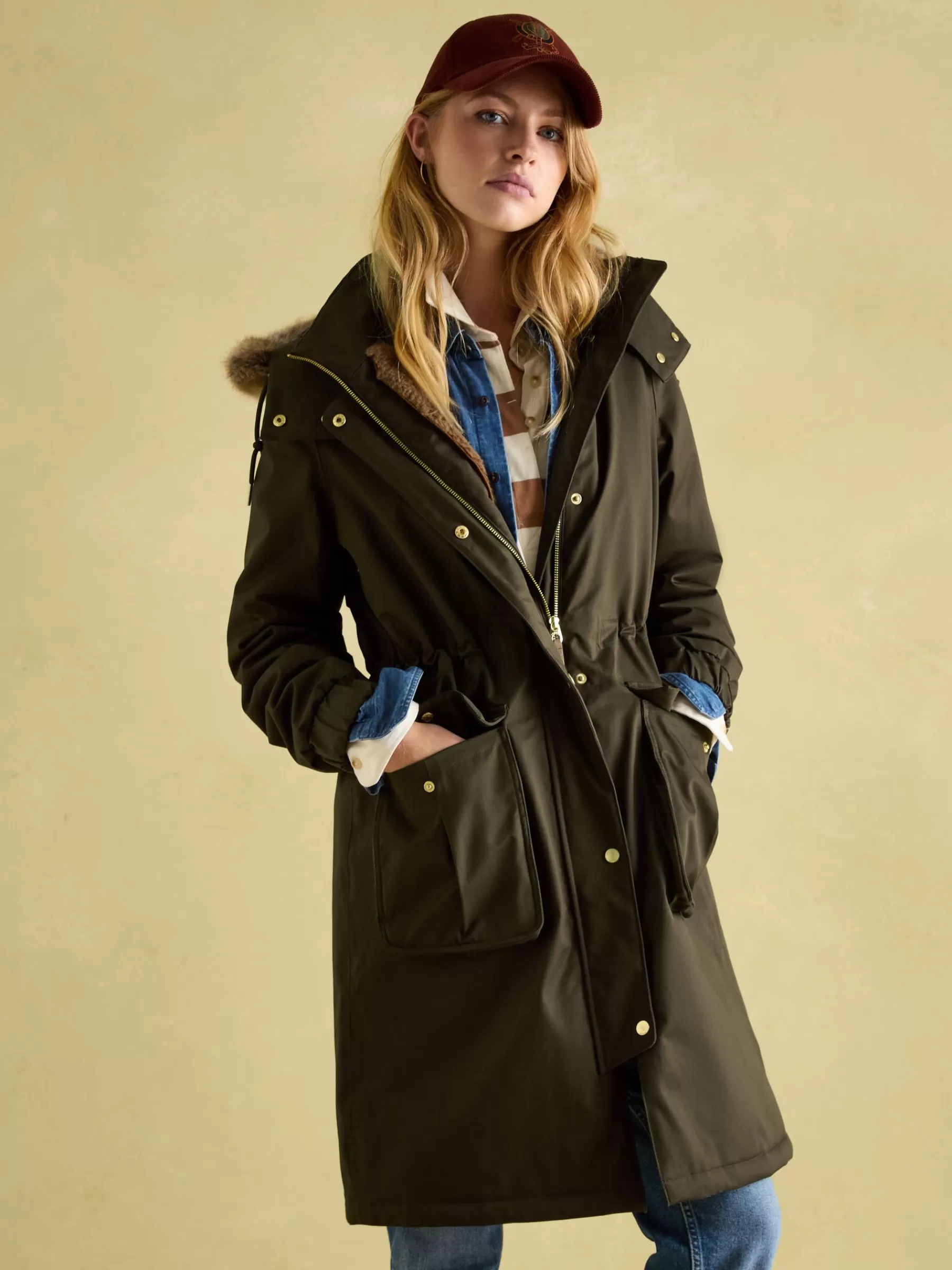 Joules Harpsden Cosy Khaki Green Waterproof Fleece Lined Raincoat with Faux Fur Hood KhakiGreen Cheap