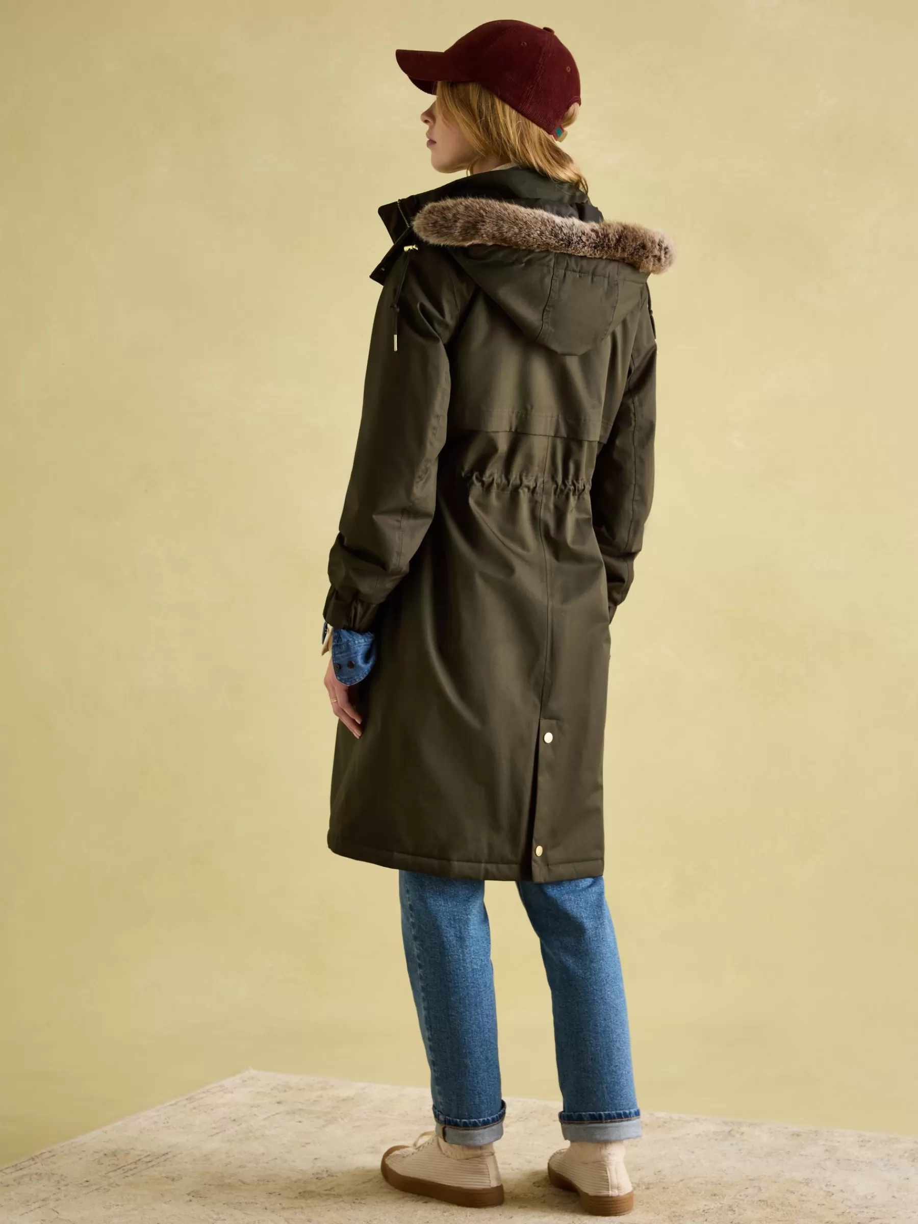 Joules Harpsden Cosy Khaki Green Waterproof Fleece Lined Raincoat with Faux Fur Hood KhakiGreen Cheap