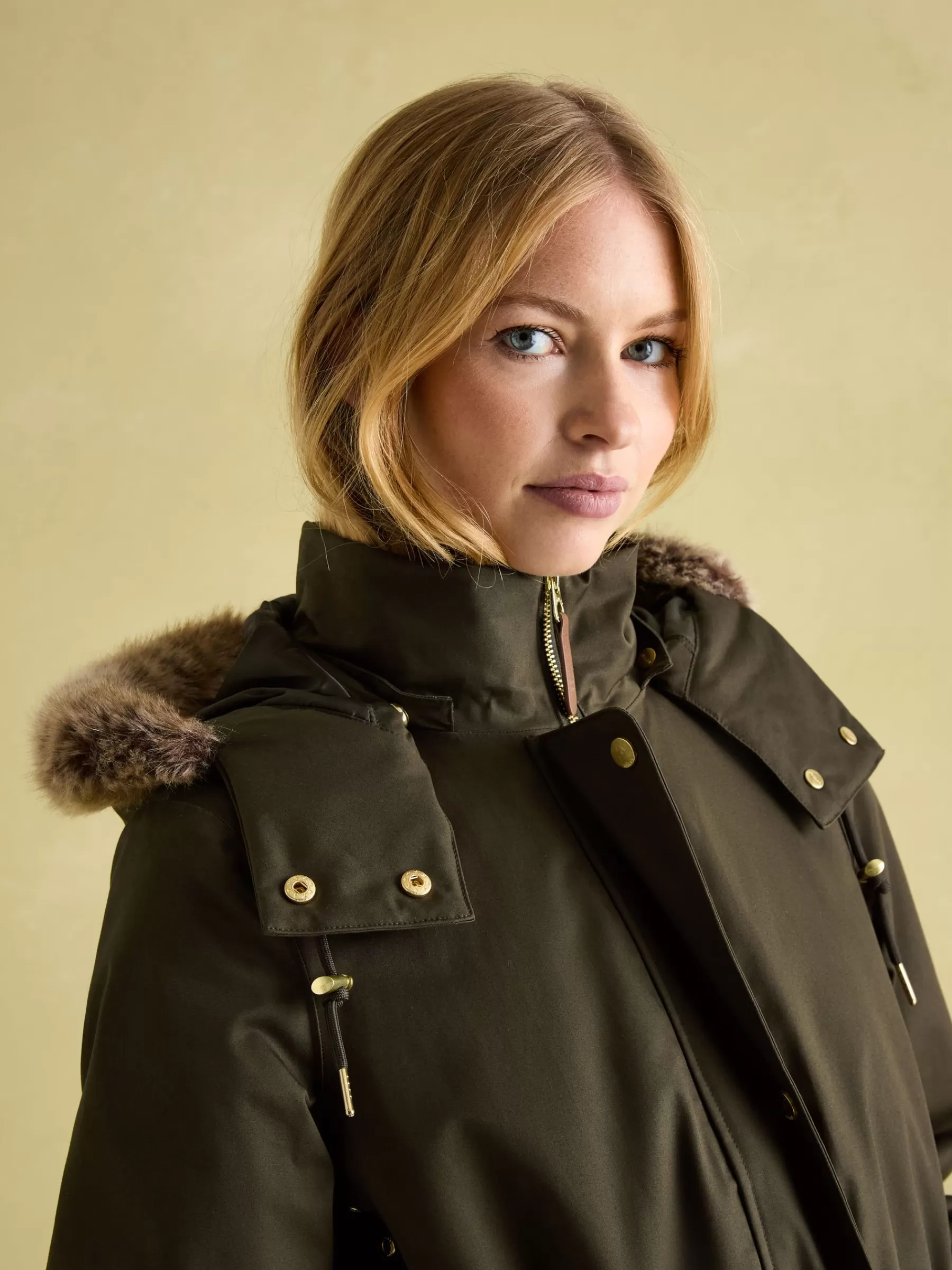 Joules Harpsden Cosy Khaki Green Waterproof Fleece Lined Raincoat with Faux Fur Hood KhakiGreen Cheap
