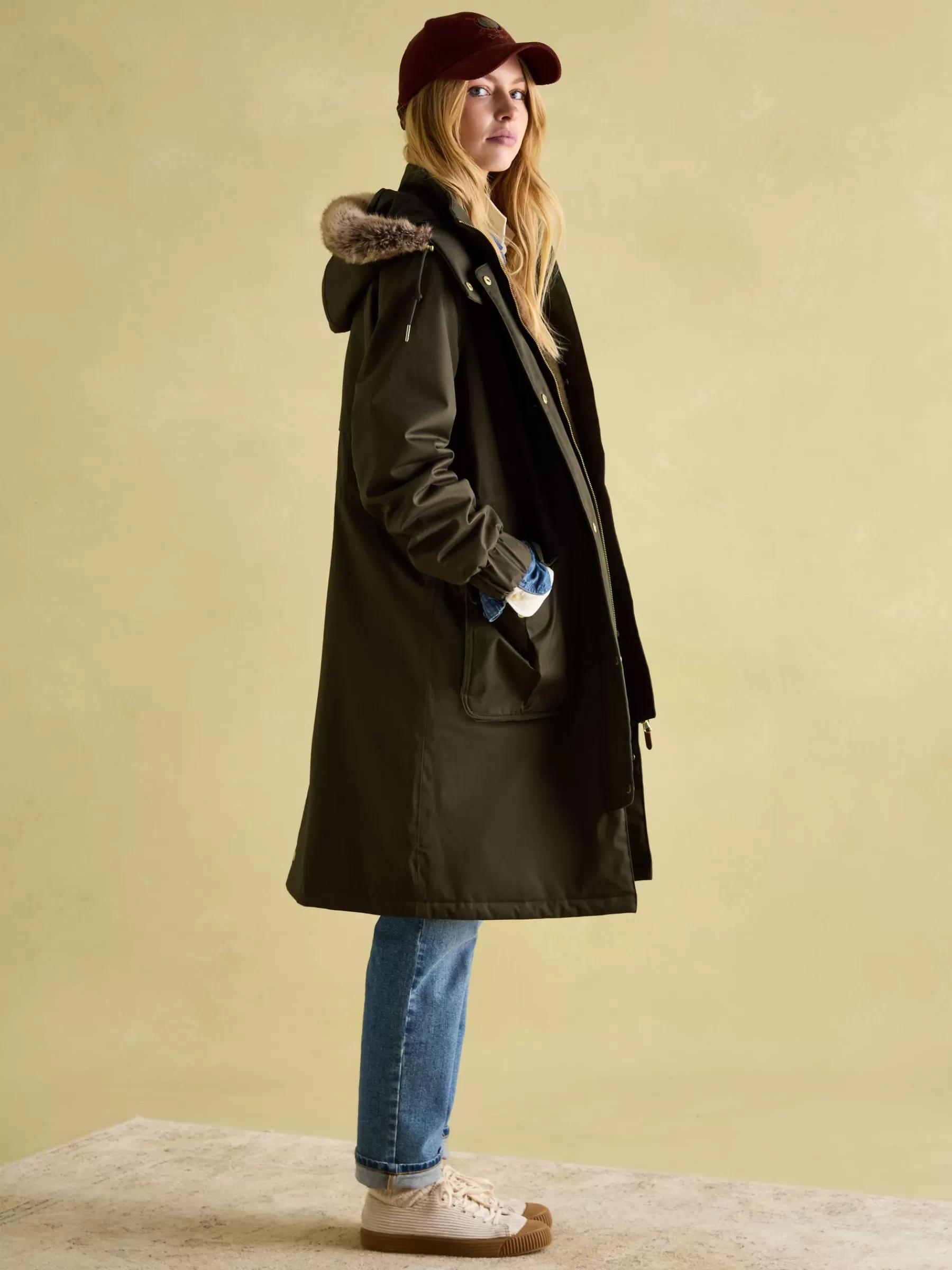 Joules Harpsden Cosy Khaki Green Waterproof Fleece Lined Raincoat with Faux Fur Hood KhakiGreen Cheap