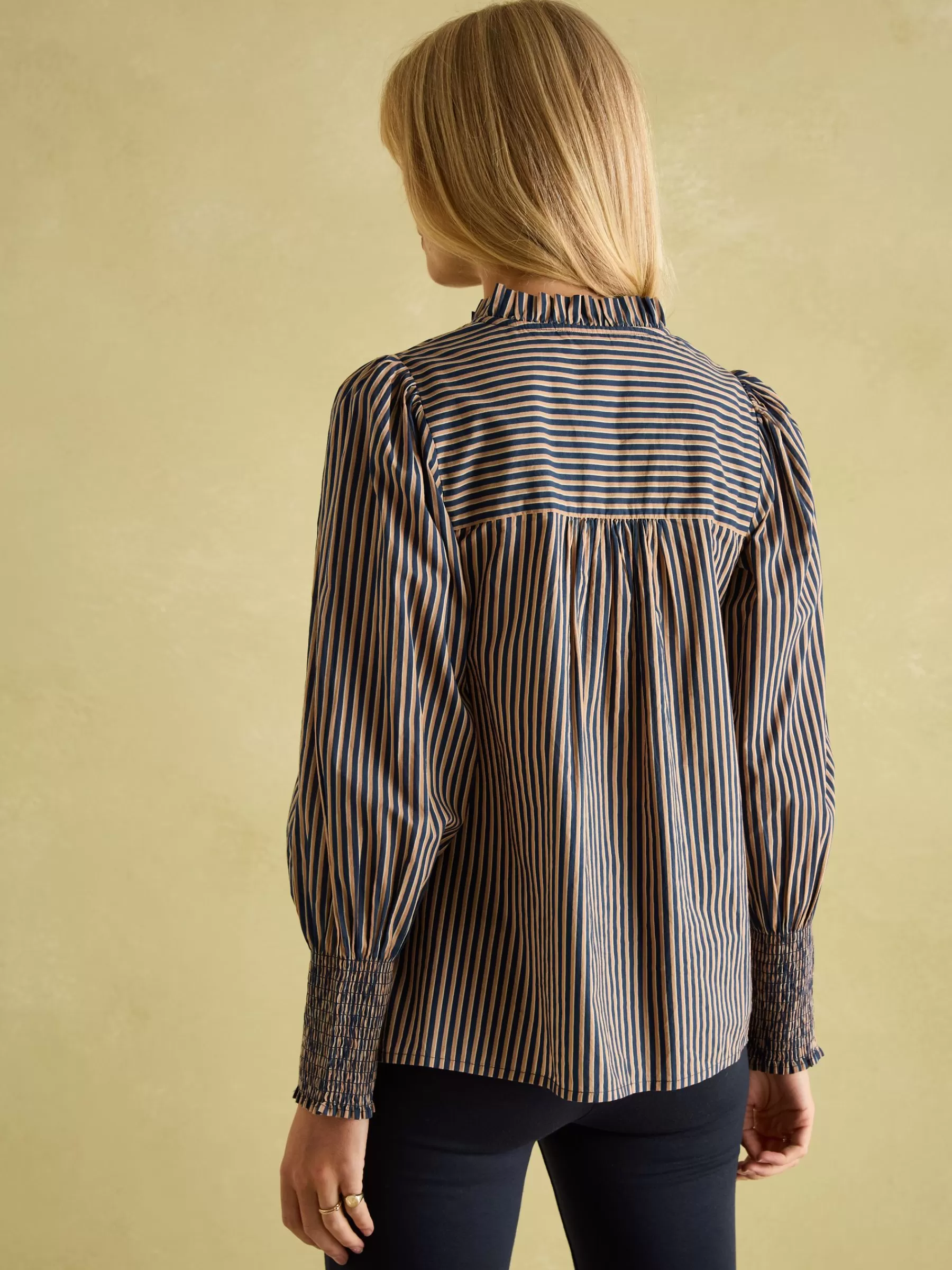 Joules Mariella Navy Stripe Cotton Frill Neck Blouse NavyStripe Best Sale