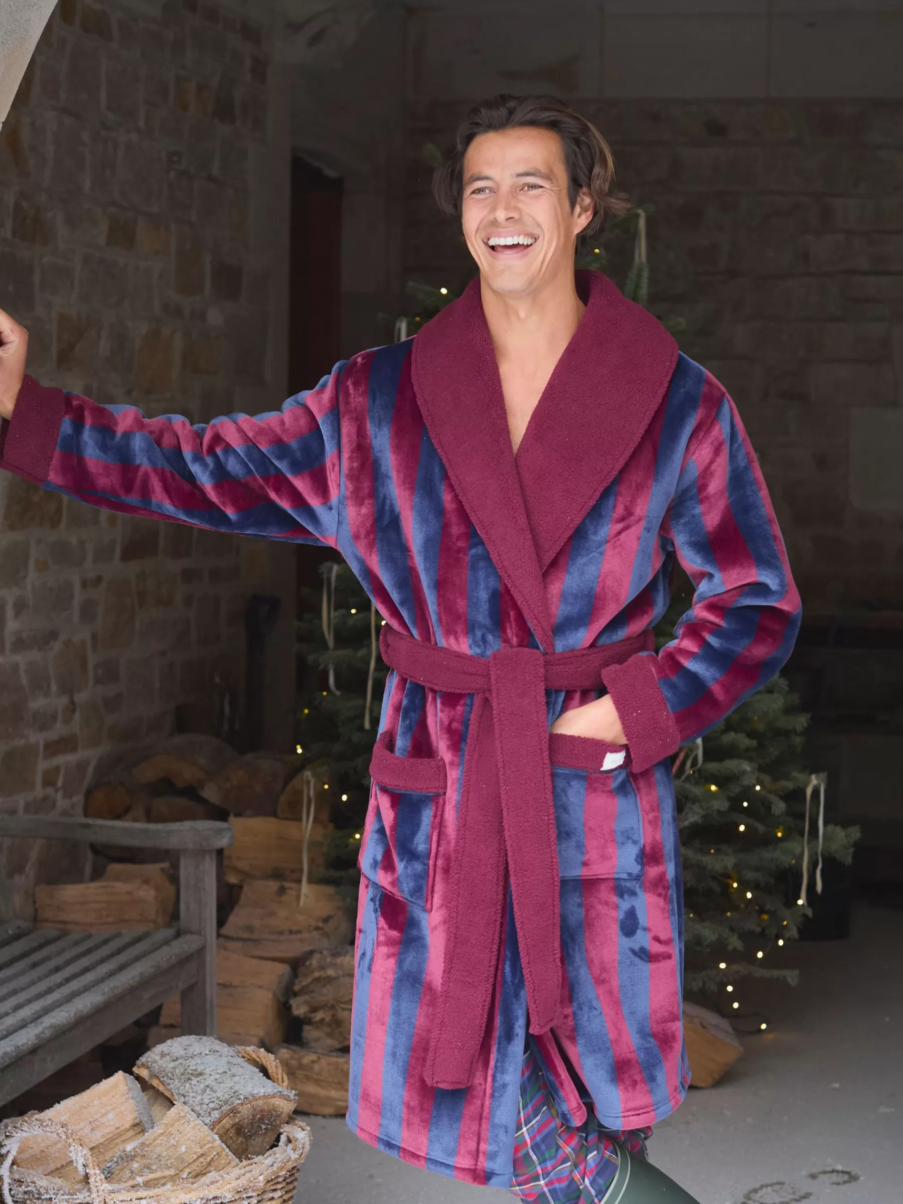 Joules Montague Fleece Lined Dressing Gown Burgundy Online