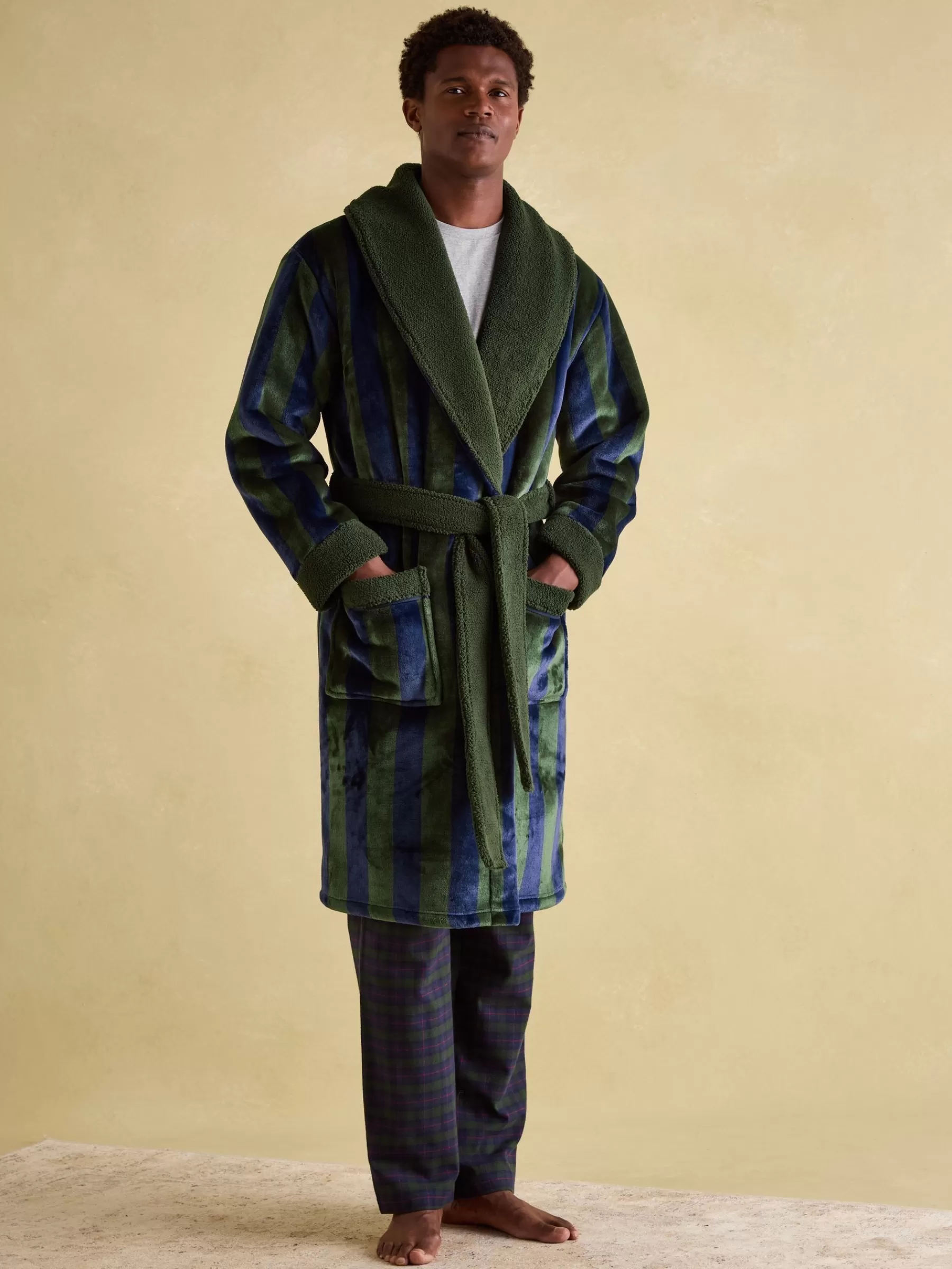 Joules Montague Green & Navy Stripe Fleece Lined Dressing Gown Green&NavyStripe Cheap
