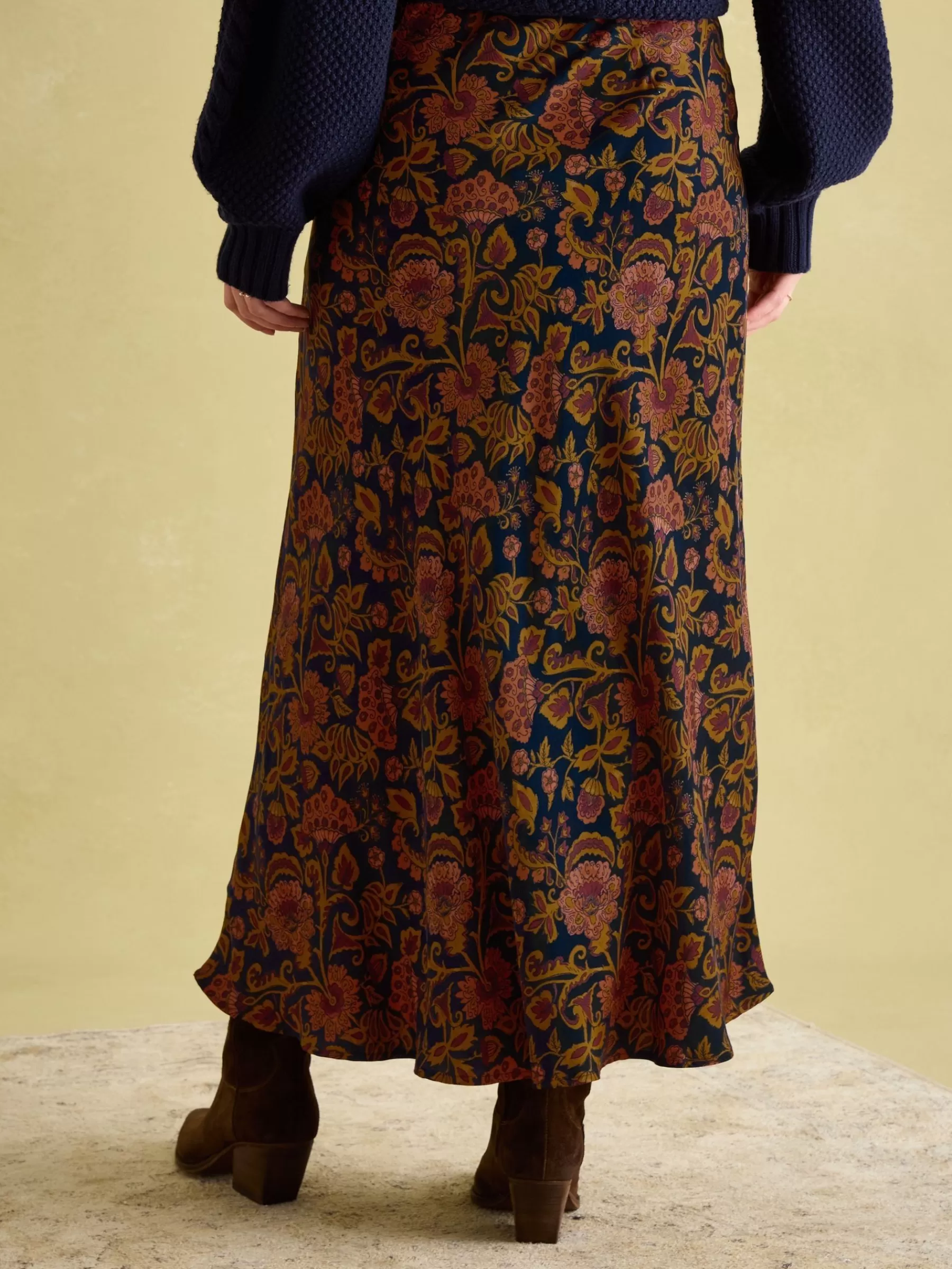 Joules Penelope Navy Floral Satin Midi Skirt NavyFloral Outlet